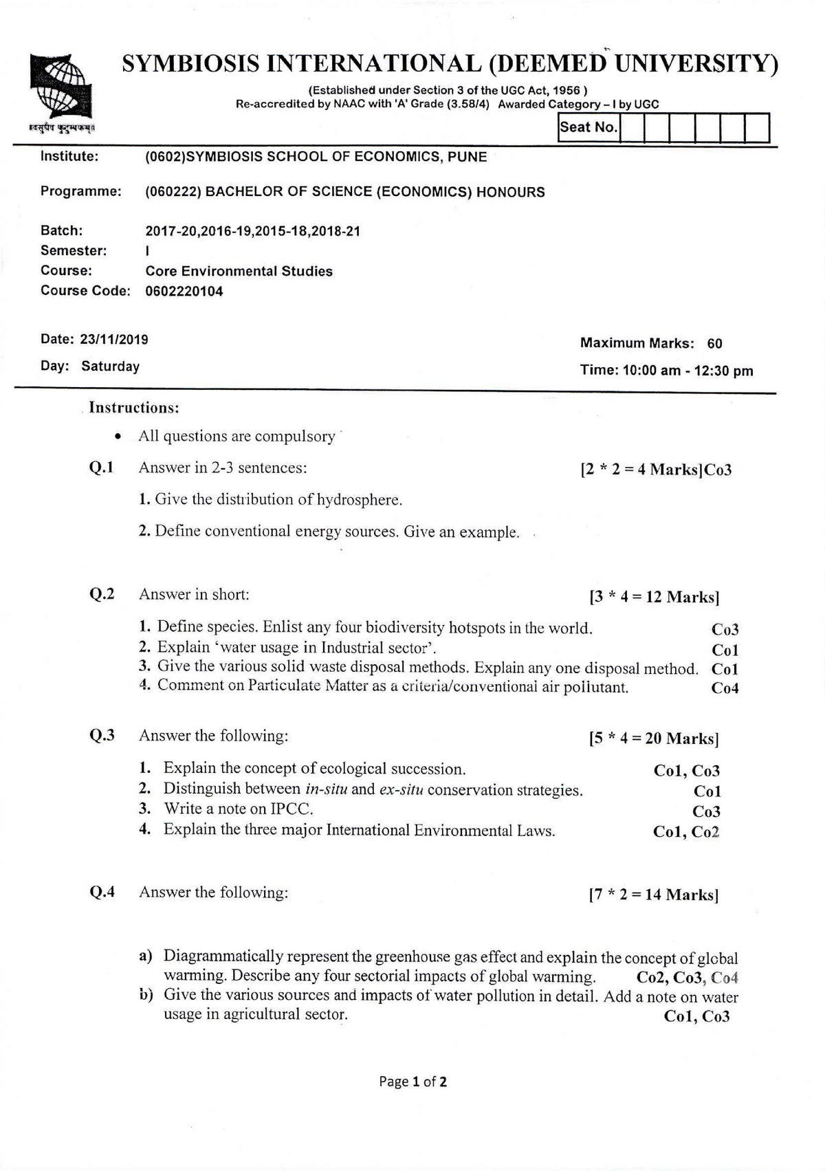 B.Sc. (Nov. 2019 ) Question Papers Semester I To VI - SYMBIOSIS ...