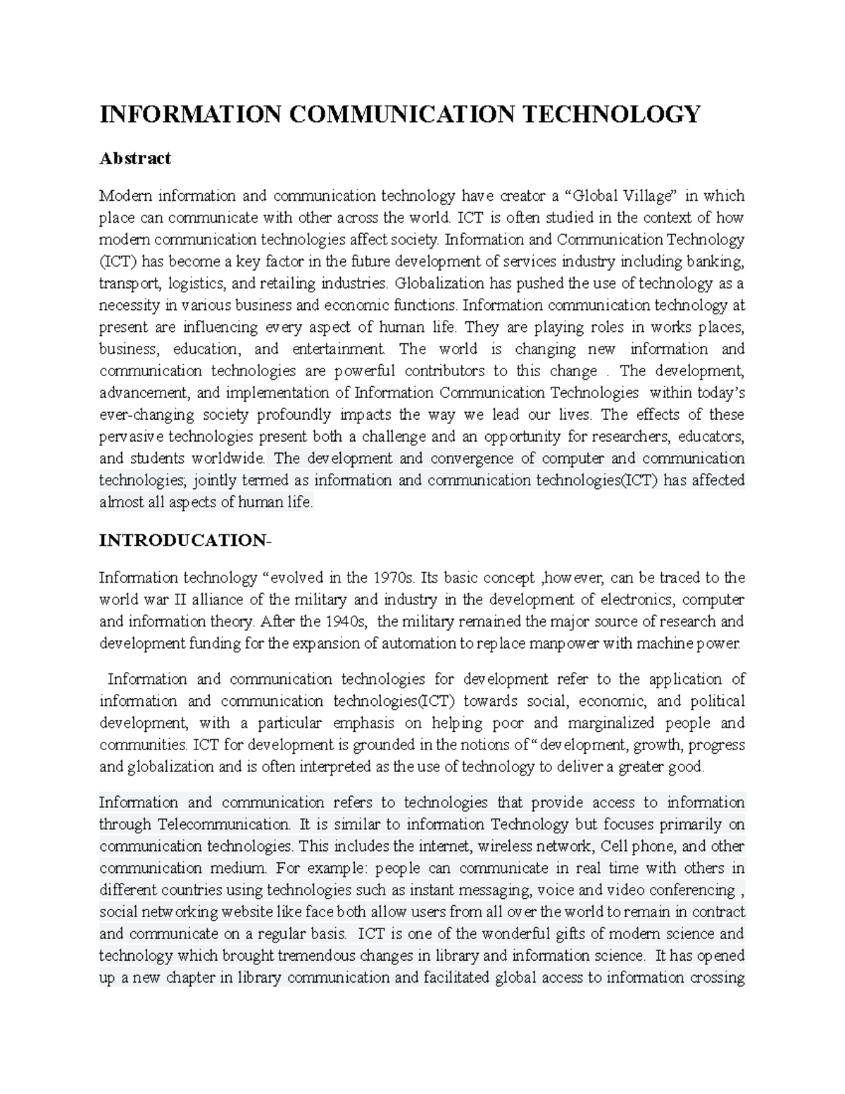 ICT - INFORMATION COMMUNICATION TECHNOLOGY Abstract Modern information ...