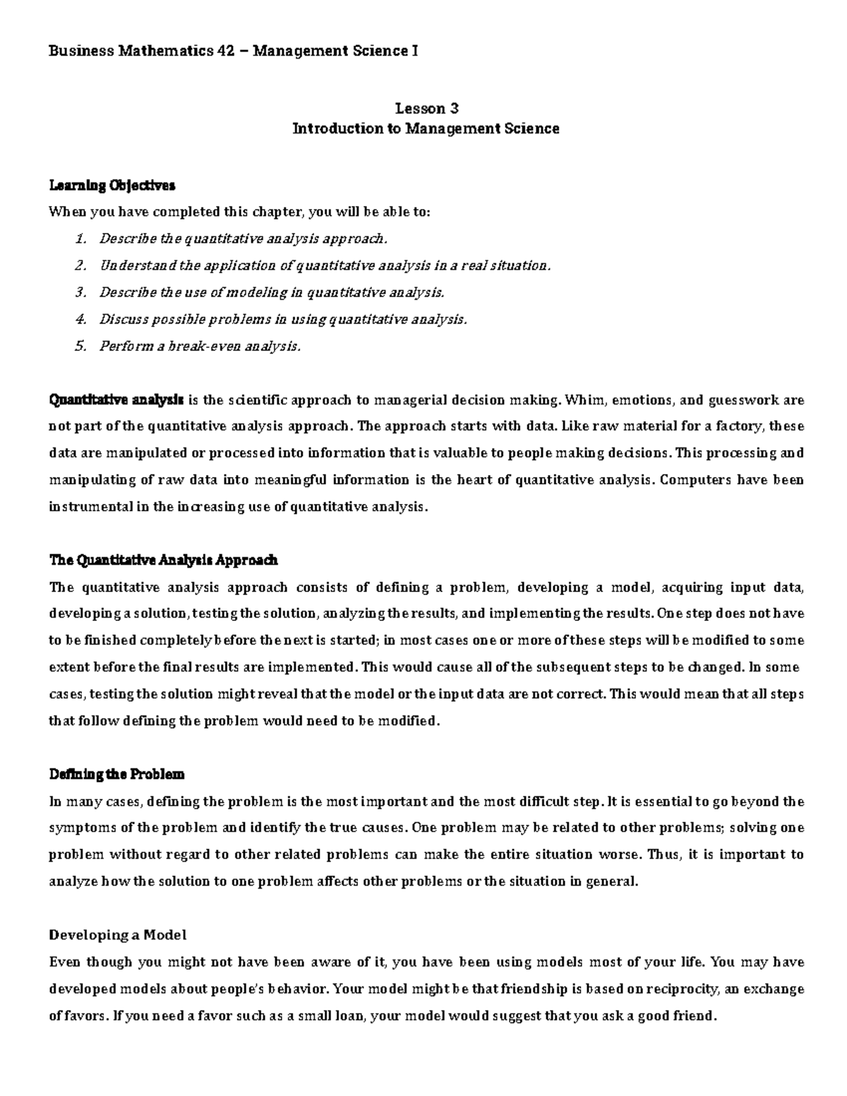 Lesson 3 Introduction to Management Science - Business Mathematics 42 ...