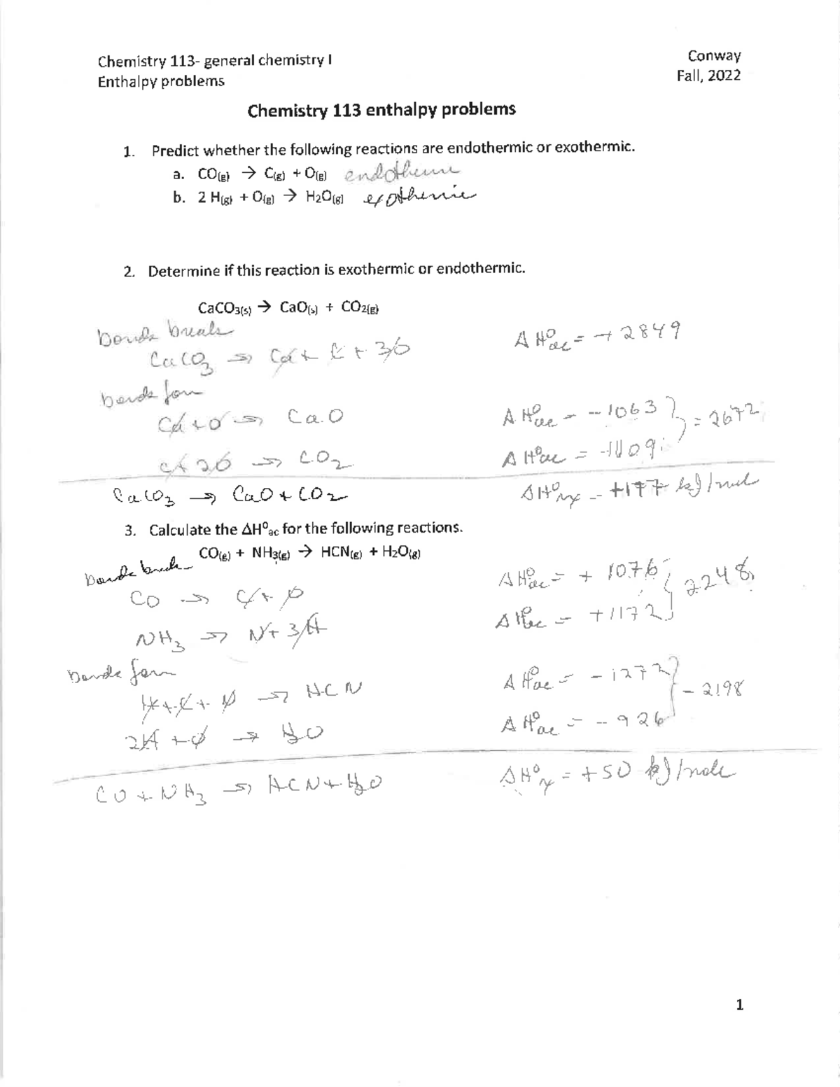 Answers to enthalpy problems - CHEMT-111 - Studocu