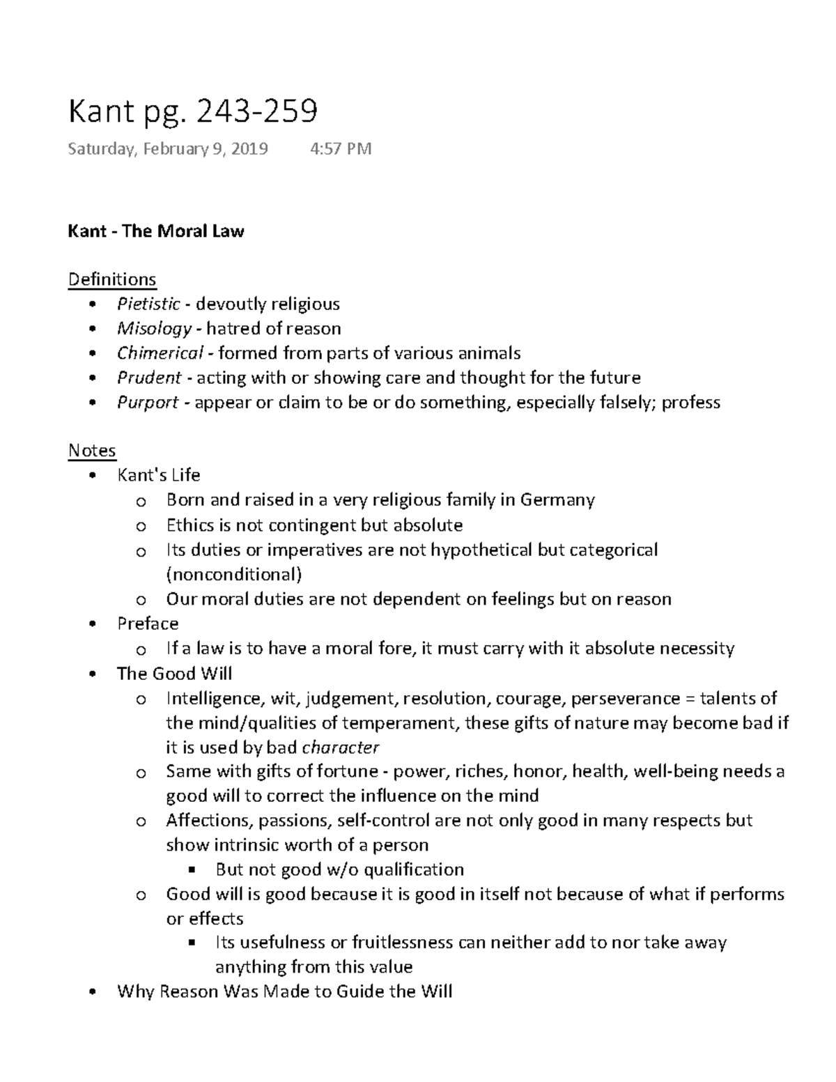 Kant pg. 243259 Summary The Moral Life an Introductory Reader