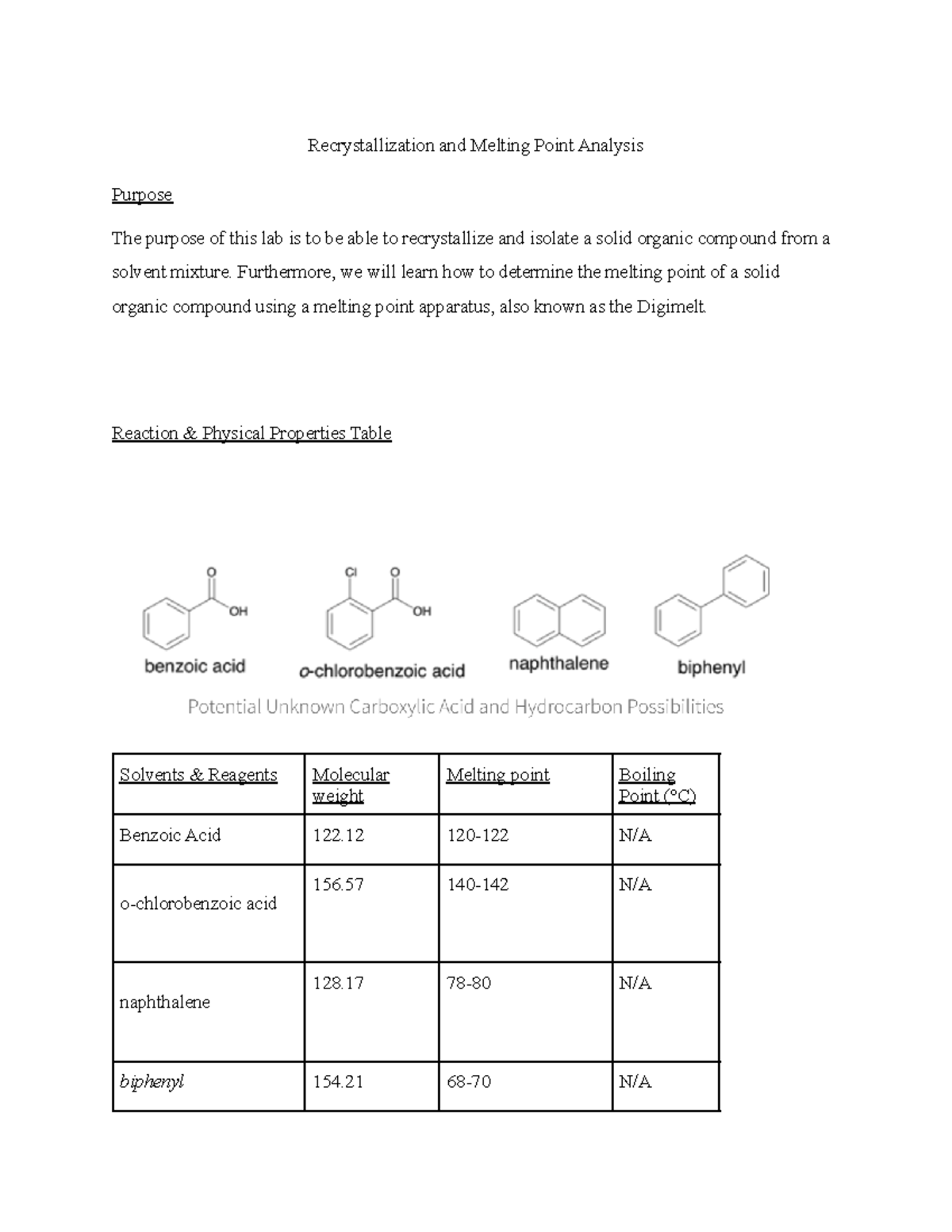 Lab report - Recrystallization and Melting Point Analysis Purpose The ...