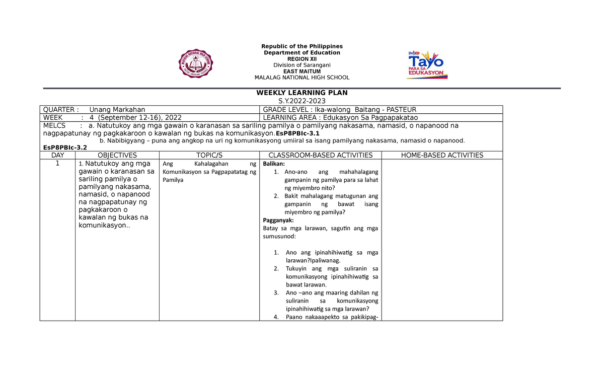 Esp Wlp Week 4 Edukasyon Sa Pagpapakatao Weekly Learning Plan Republic Of The Philippines 3062