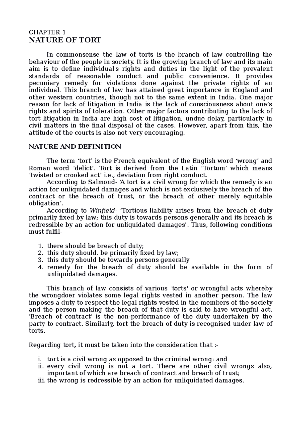 law-of-torts-chapter-1-nature-of-tort-in-commonsense-the-law-of-torts