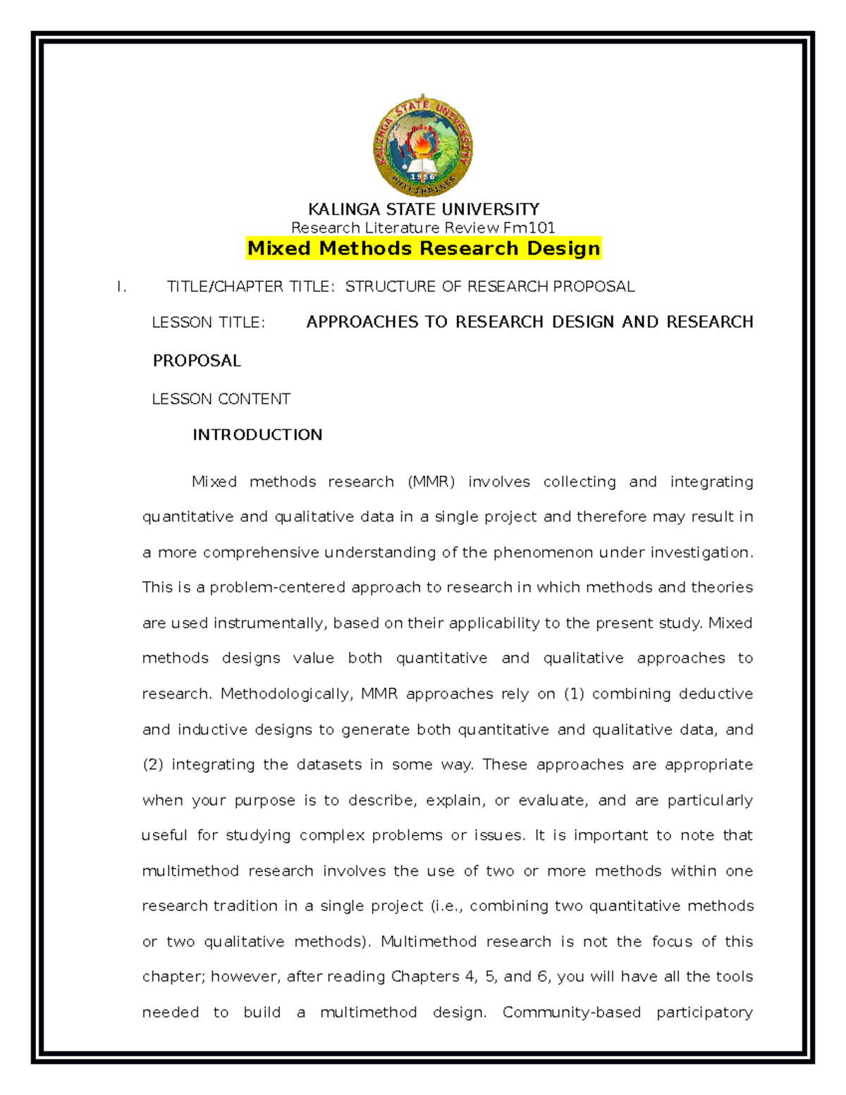 Mixed Methods Research Design - TITLE/CHAPTER TITLE: STRUCTURE OF ...