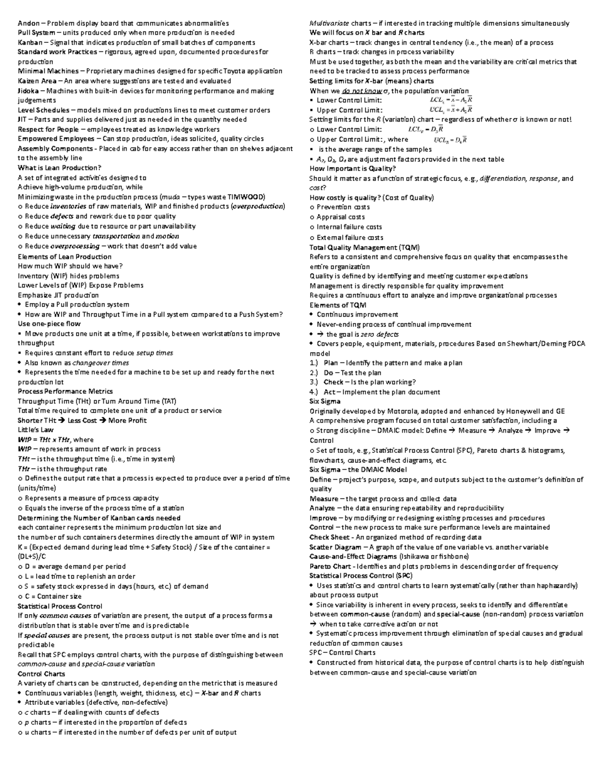 BUAD 341 exam 2 Study Guide - Andon – Problem display board that ...