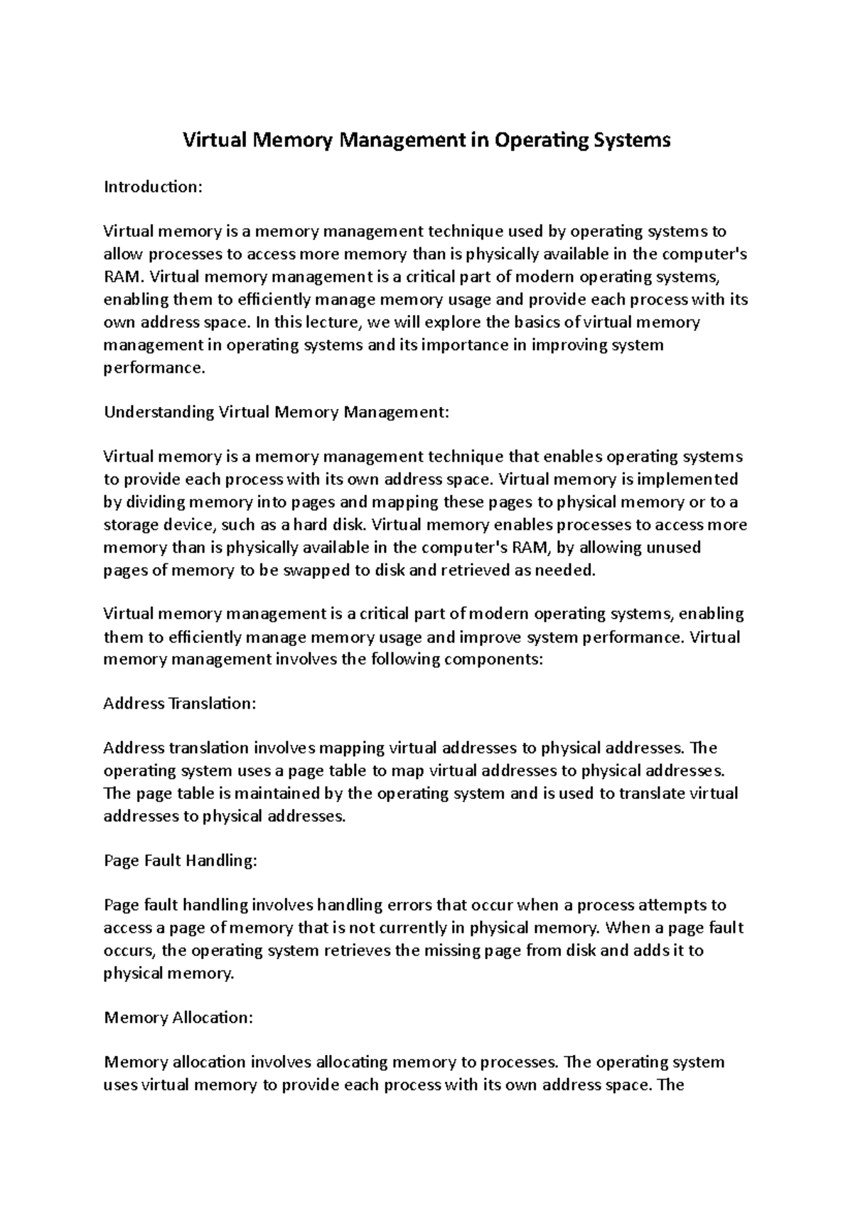 Virtual Memory Management in Operating Systems - Virtual Memory ...