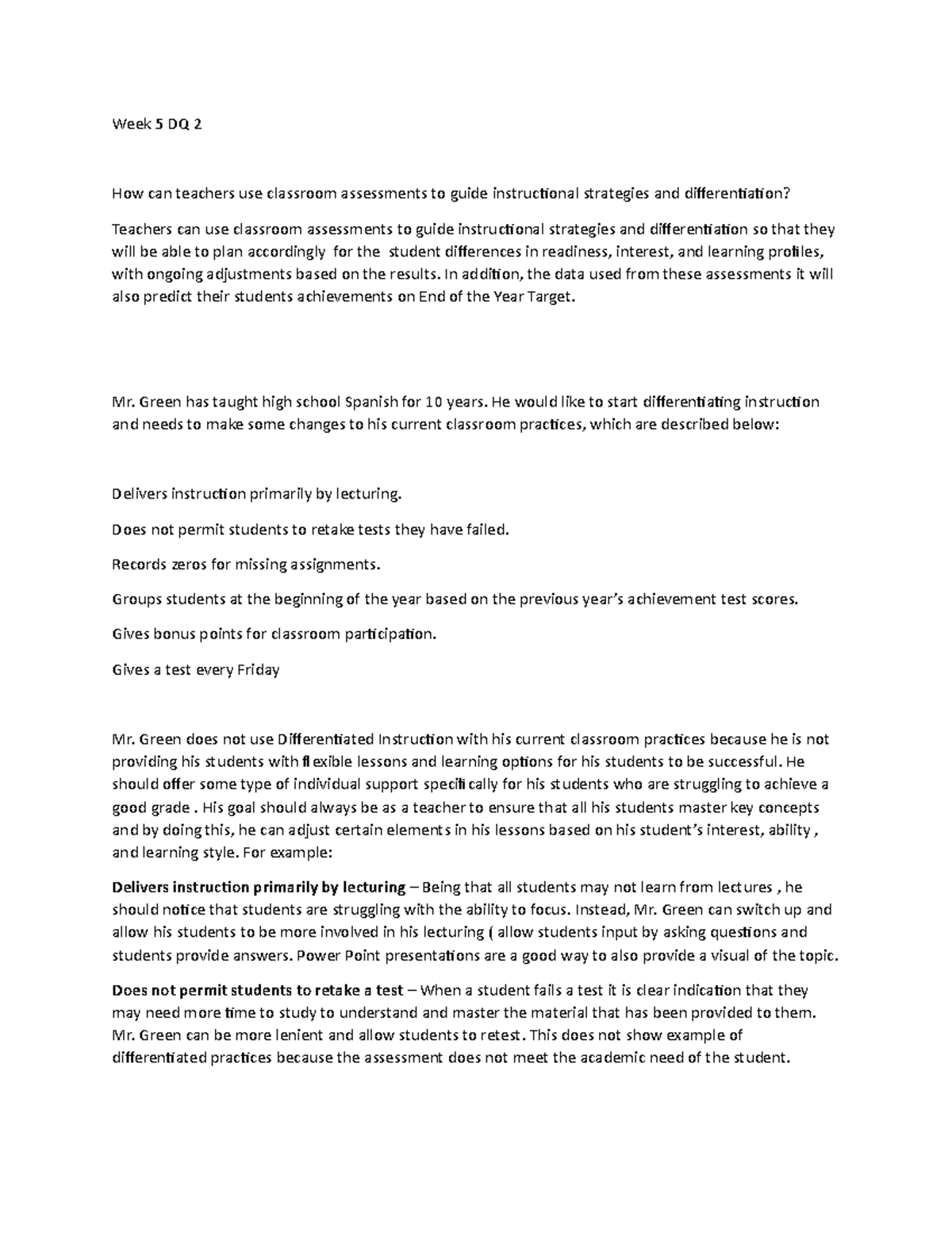 Week 5 DQ 2 Differentiation Instruction Mr Green classroom policies ...