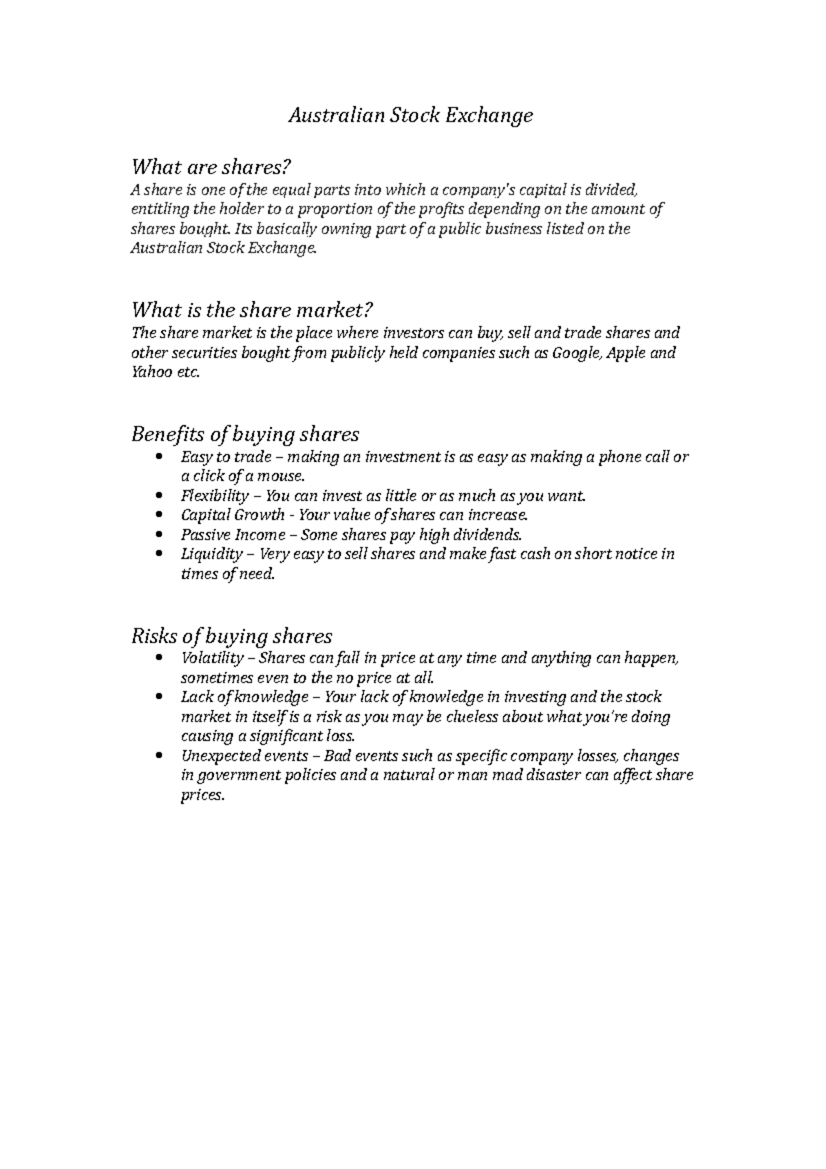 Australian Stock Exchange Summary Australian Stock Exchange What are