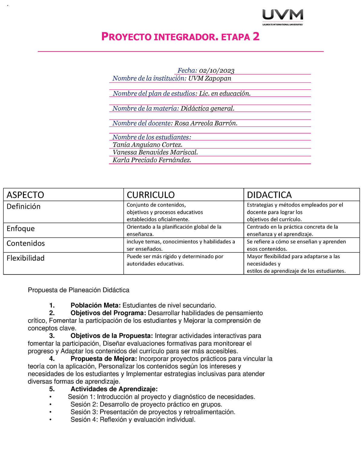 Proyecto Integrador Didáctica General - PROYECTO INTEGRADOR. ETAPA 2 ́ ...