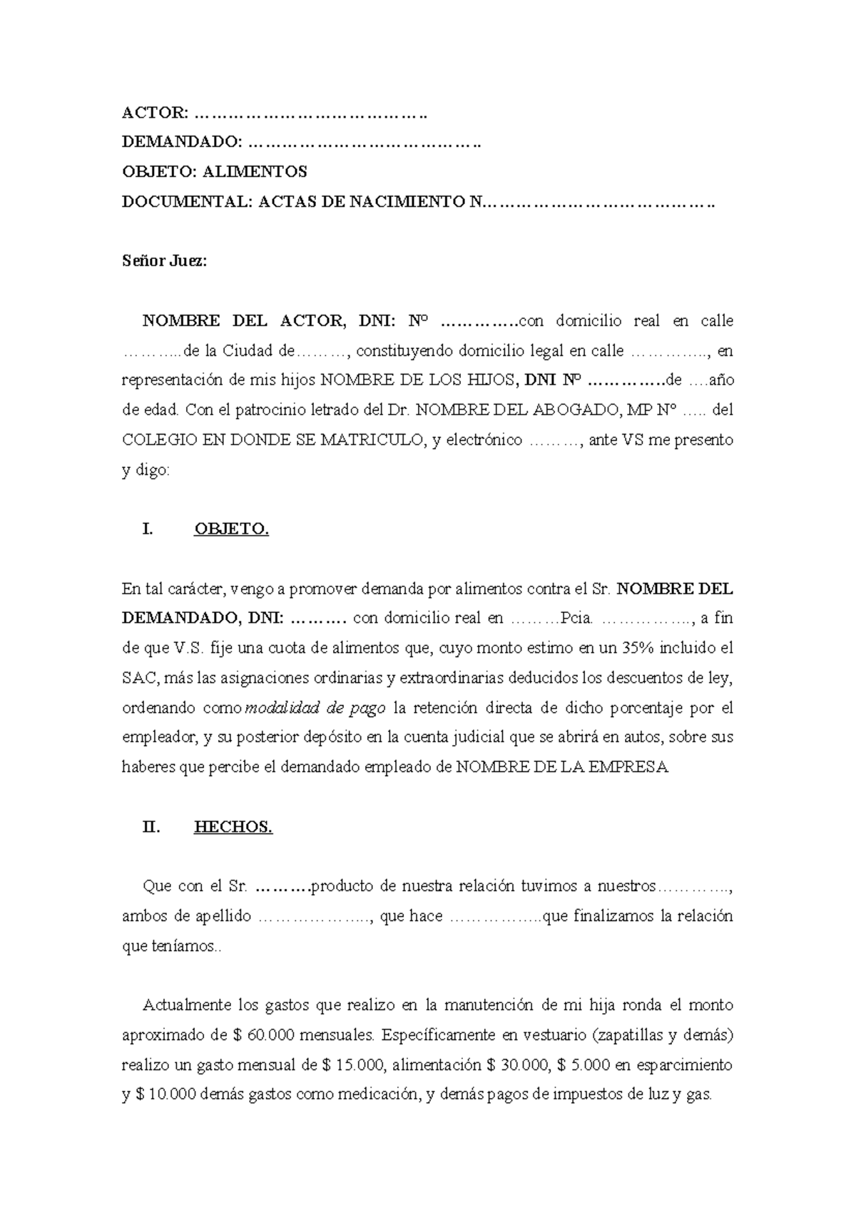 Modelo de demanda de alimentos para los hijos - ACTOR