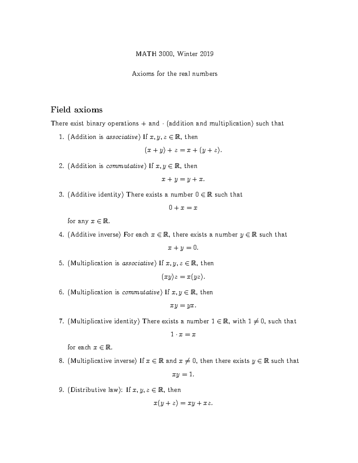 Axioms - Axiom For Real Numbers - MATH Winter 2019 Axioms For The Real ...