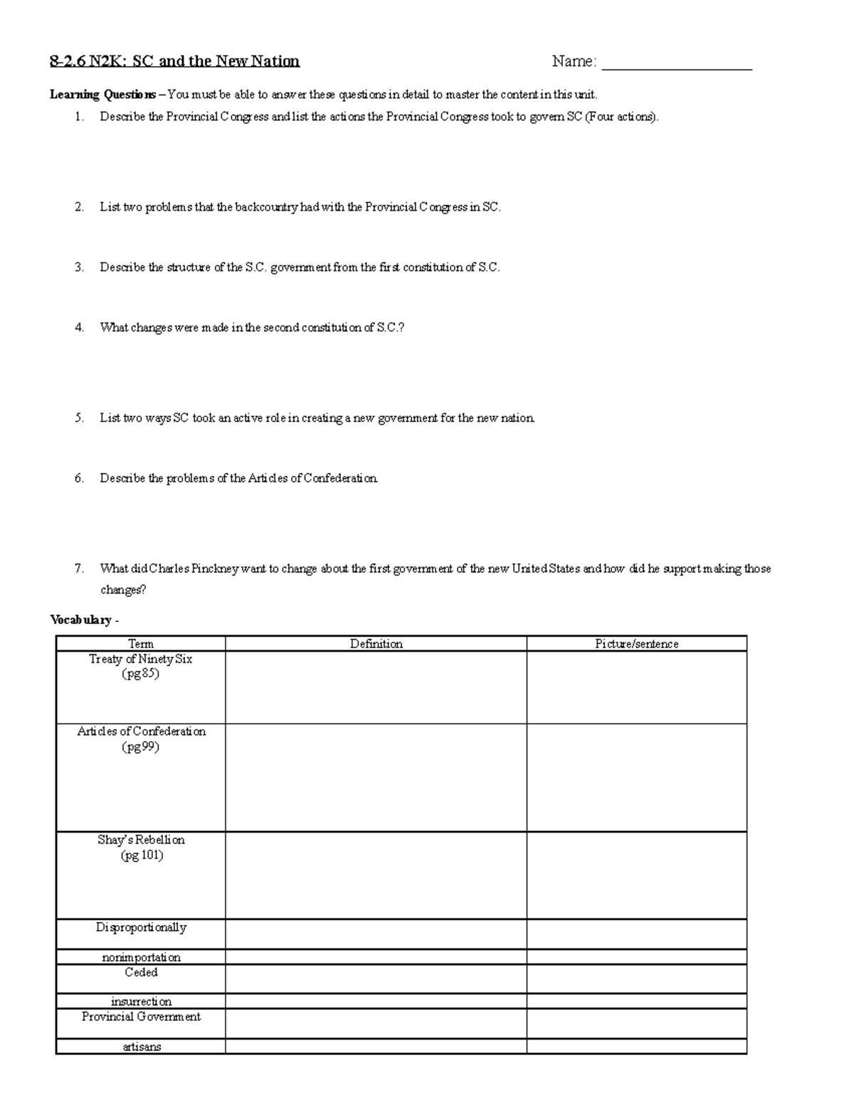 New Nation Documents 8th grade History - 8-2 N2K: SC and the New Nation ...