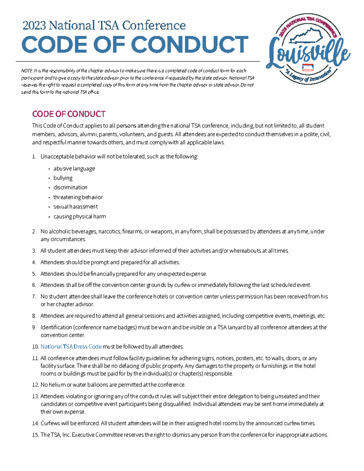 Notes for English - 2023 National TSA Conference CODE OF CONDUCT CODE ...