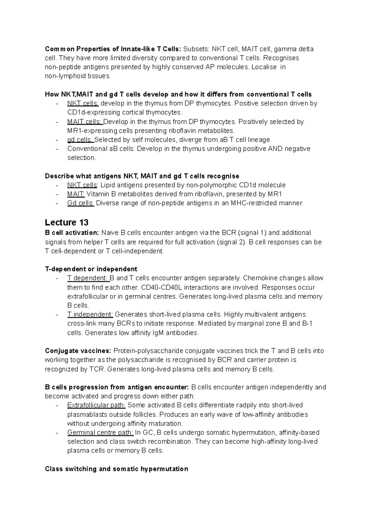 Lecs 12-13 - notes for lec 12-13 - Common Properties of Innate-like T ...