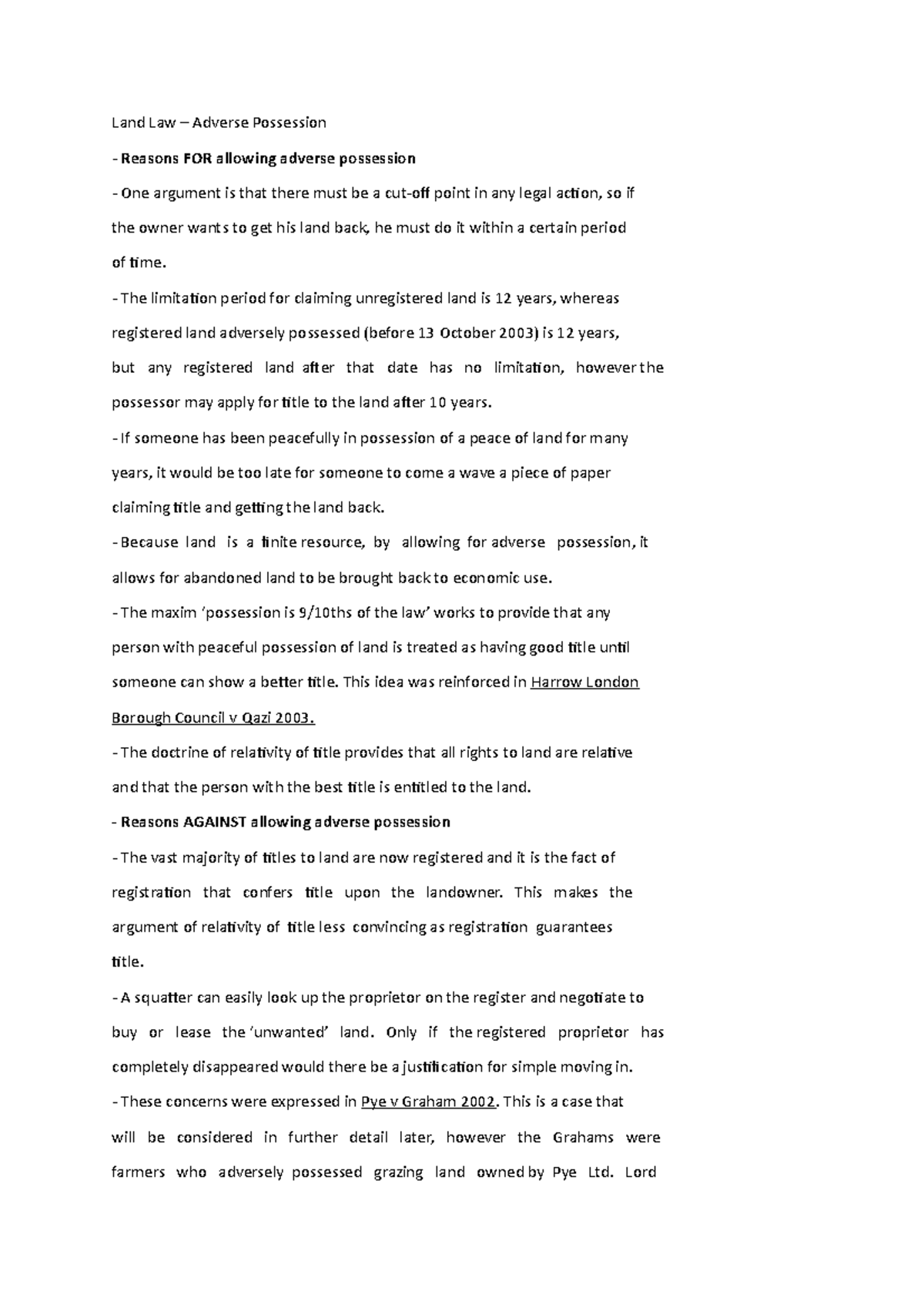 Land Law - Lecture Notes - Land Law – Adverse Possession - Reasons FOR ...