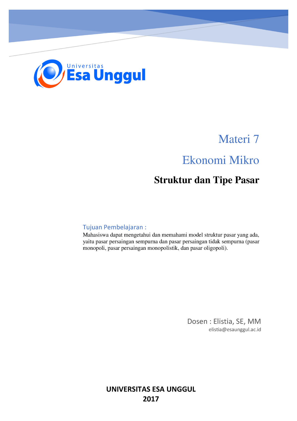 Materi 7 Ekonomi Mikro - UNIVERSITAS ESA UNGGUL 2017 Materi 7 Ekonomi ...