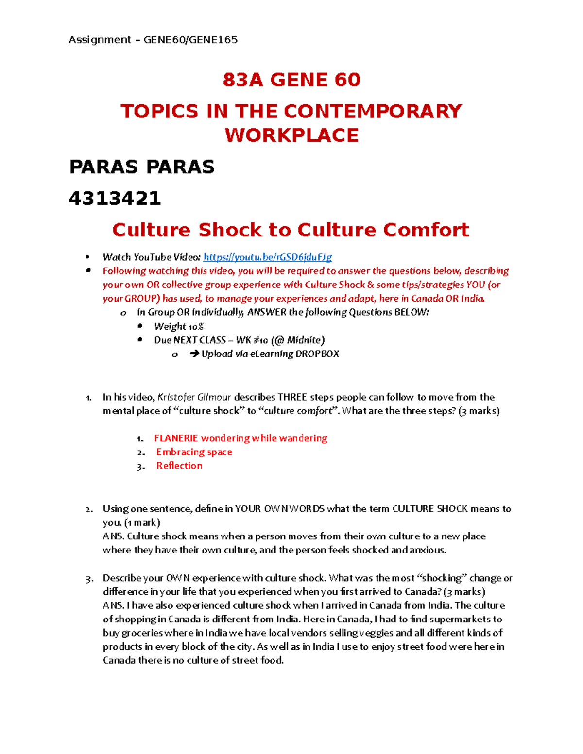 Assignment Culture Shock To Comfort Assignment GENE60 GENE 83A GENE