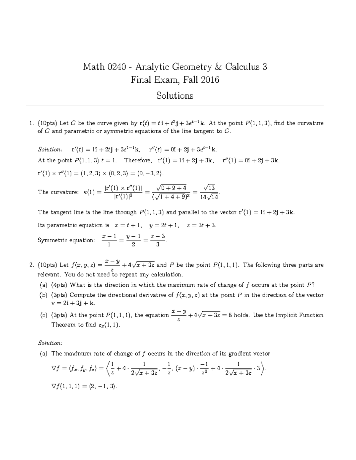 1-0240 sample final 4 sln - Math 0240 - Analytic Geometry & Calculus 3 ...