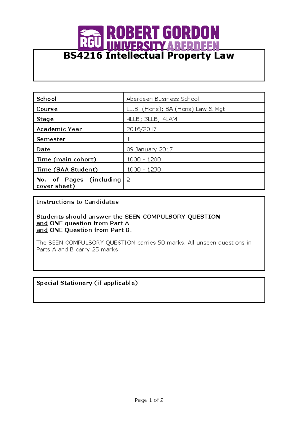 Intellectual Property Law EXAM BS4216 Intellectual Property Law