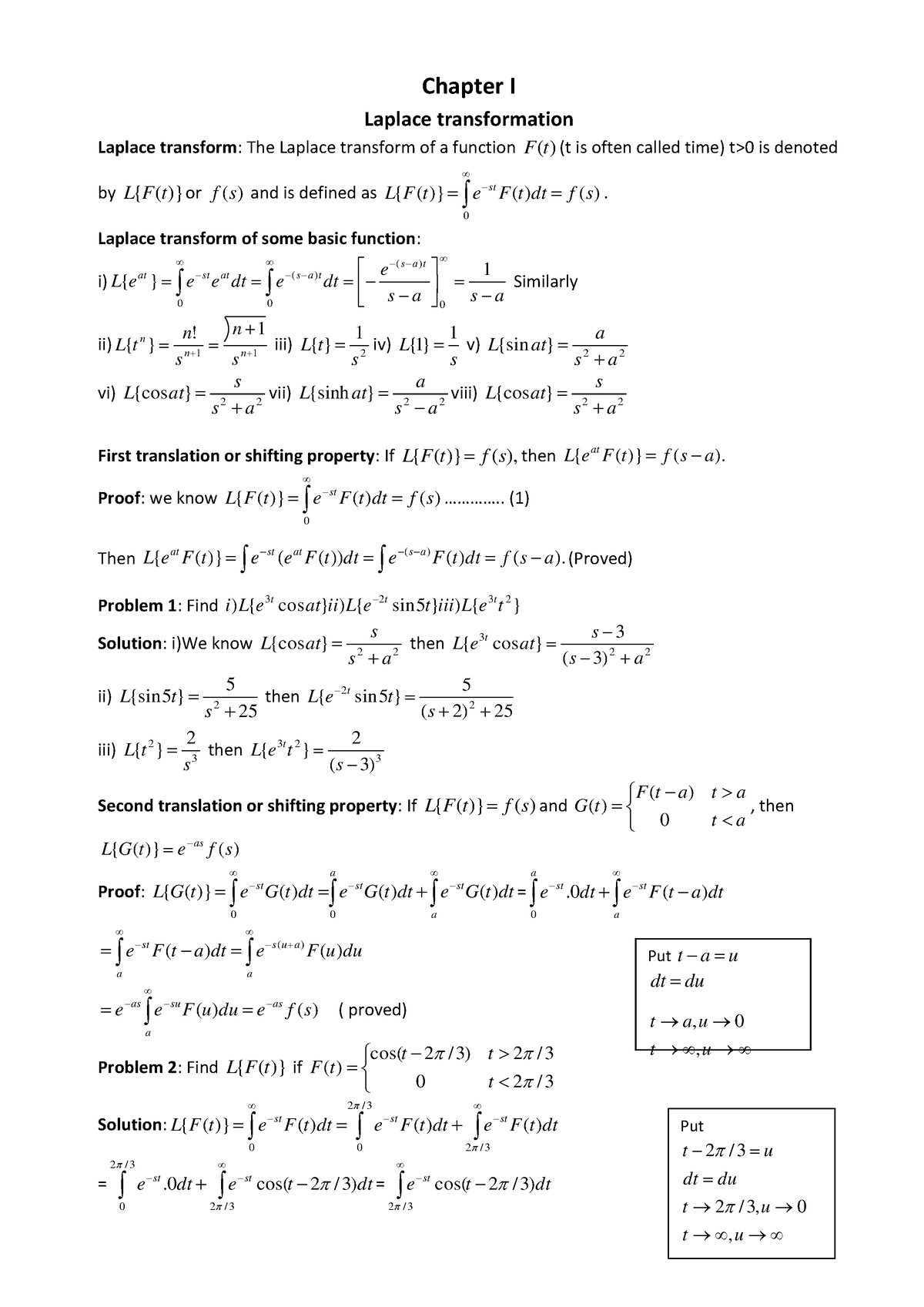 Laplace transform - Laplace transform of some basic function: i) s a s ...