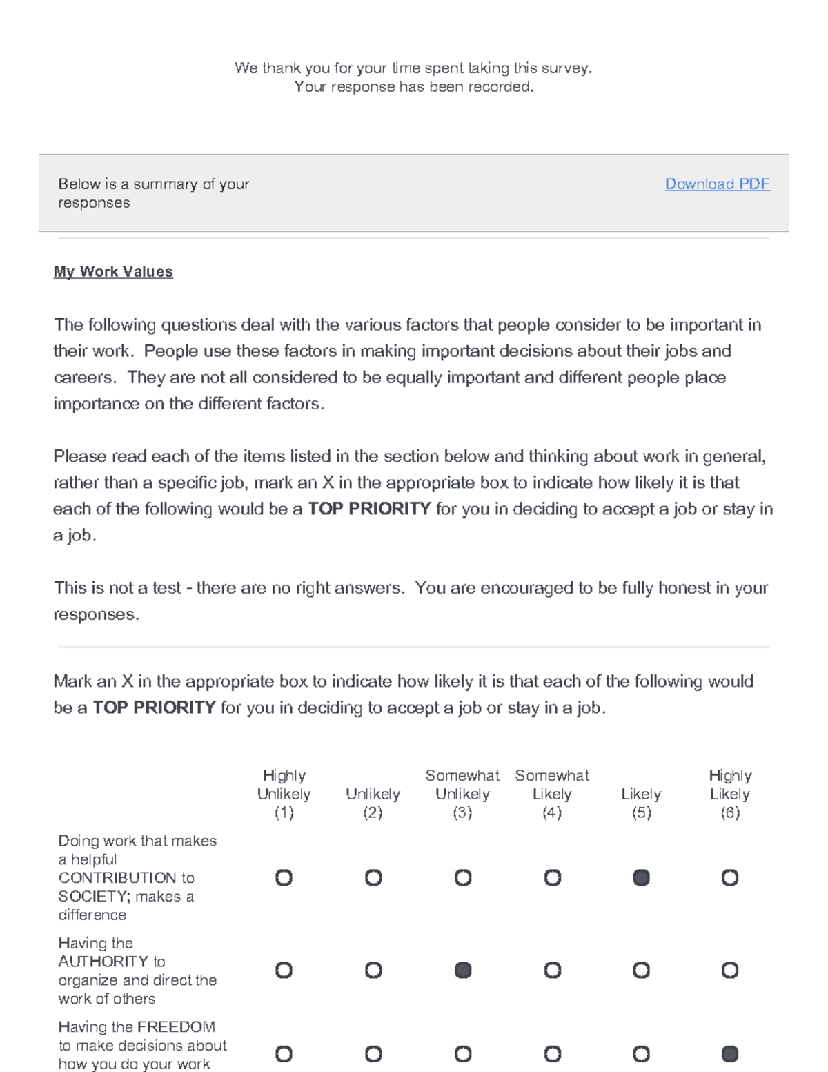 U2 Career Anchors My Work Values Survey - Below is a summary of your ...