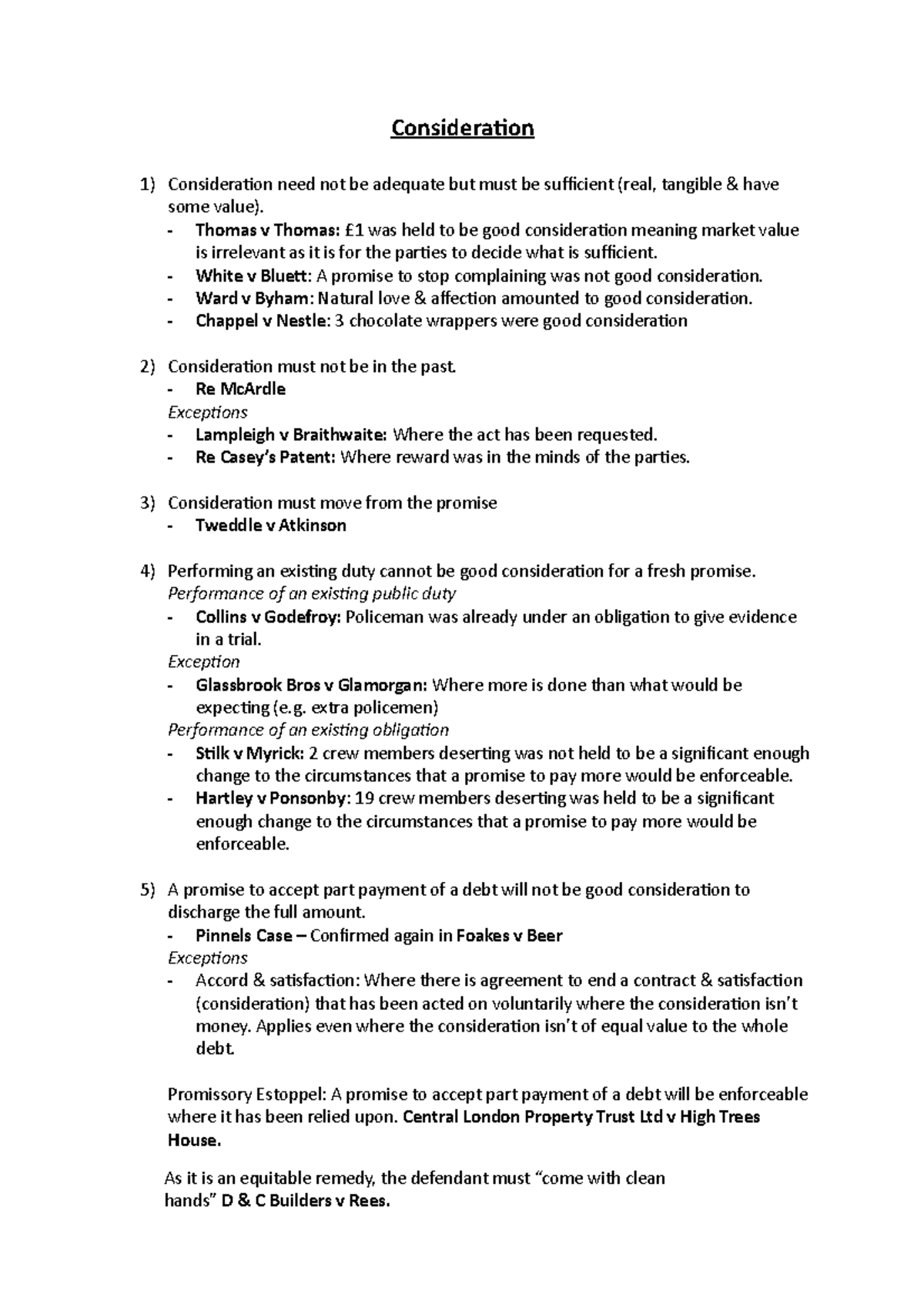 Consideration - Covers all relevant cases with brief case facts and all ...
