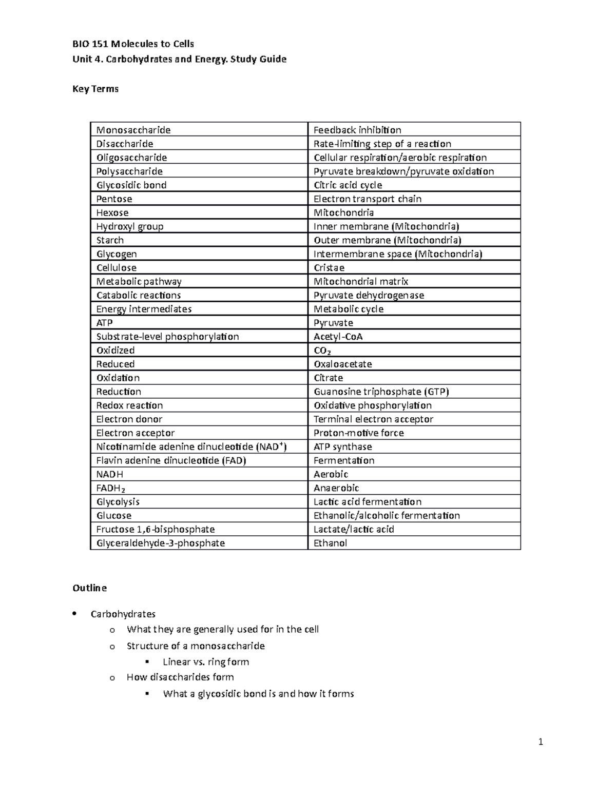 BIO151 Unit 4. Carbohydrates And Energy Study Guide - Unit 4 ...