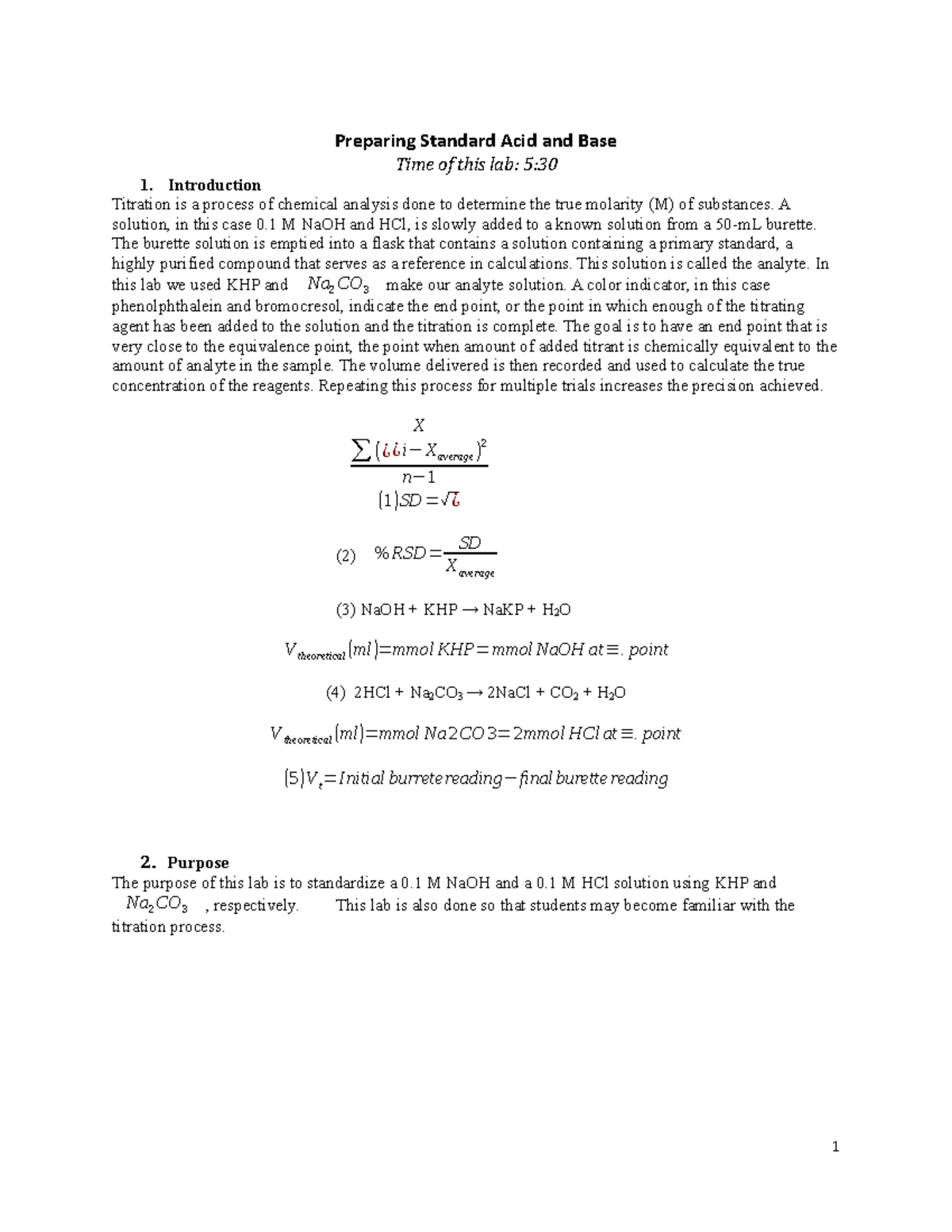 Lab report 3 Preparing Standard Acid and Base Preparing Standard