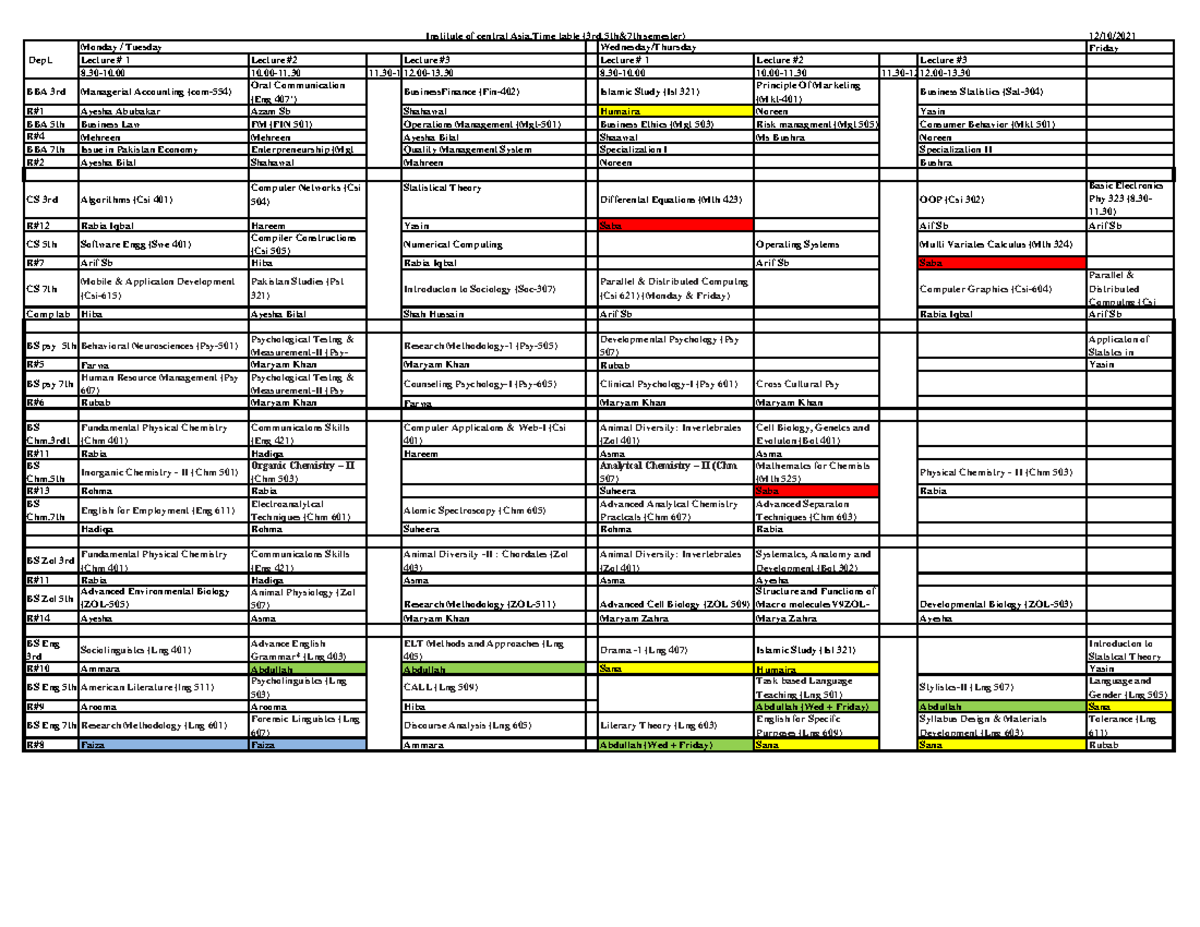 Time table 3,5 AND 7 1-11-21 - 12/10/ Friday Lecture # 1 Lecture #2 ...