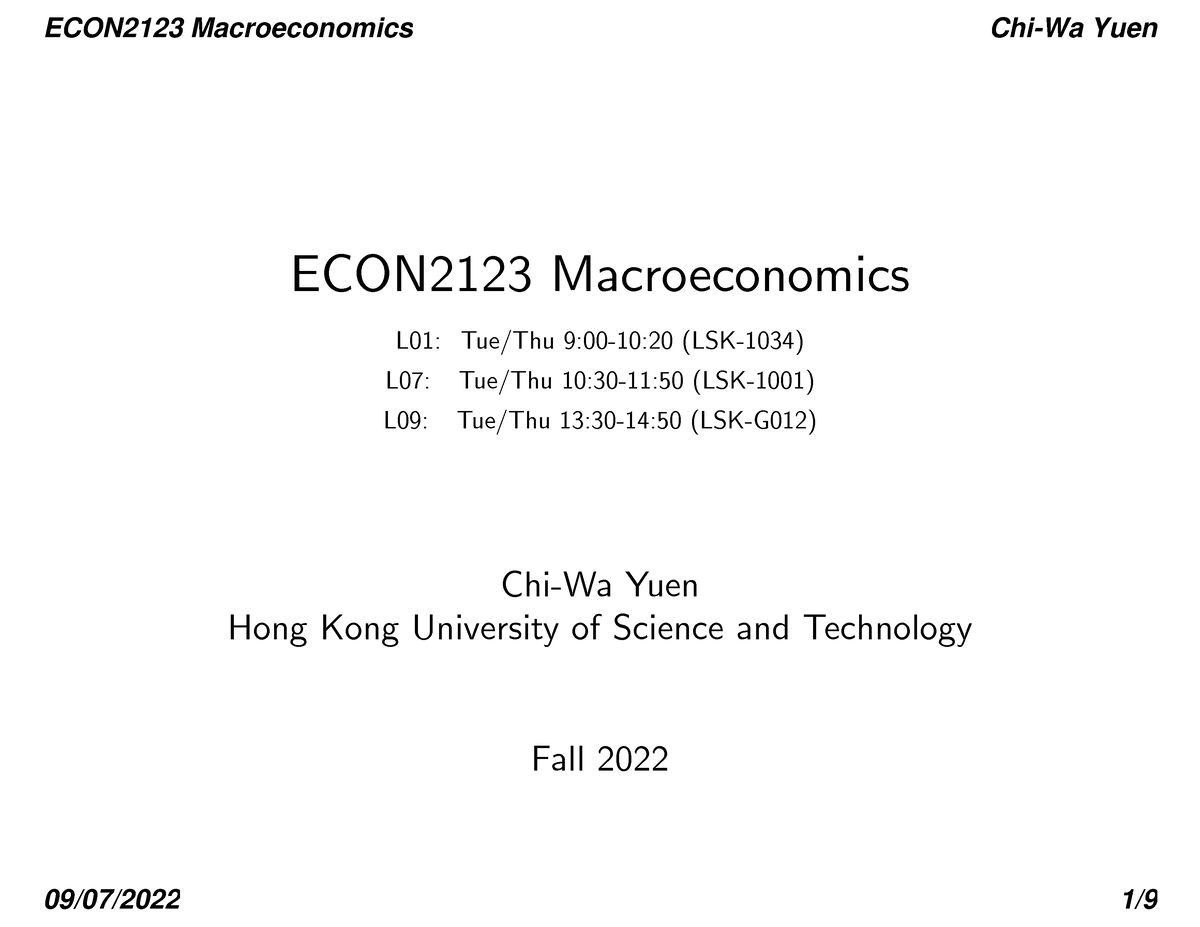 USTmacro 2022b Slides 0 (Outline) - ECON2123 Macroeconomics L01: Tue ...