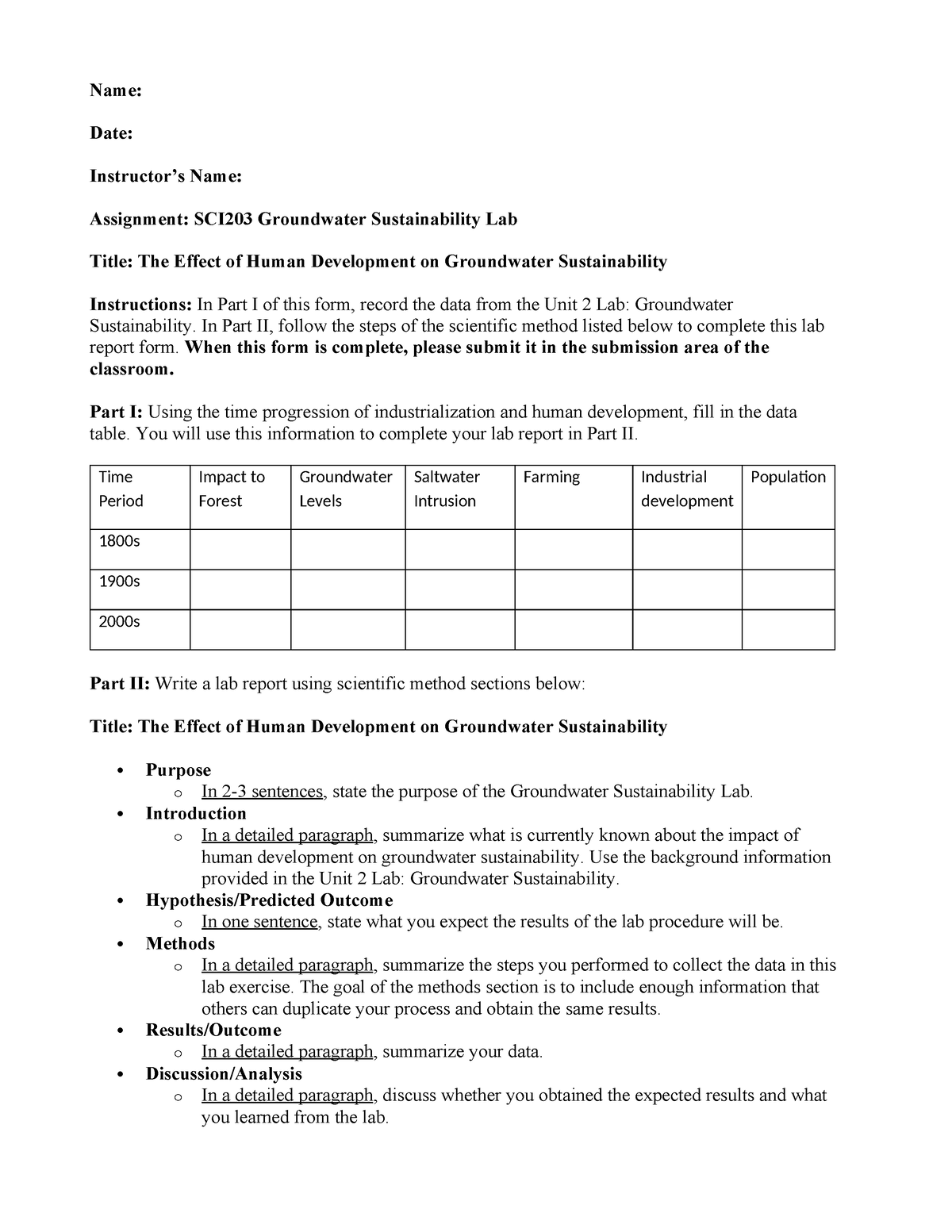 SCI203 Unit 2 Lab Report Template - Name: Date: Instructor’s Name ...