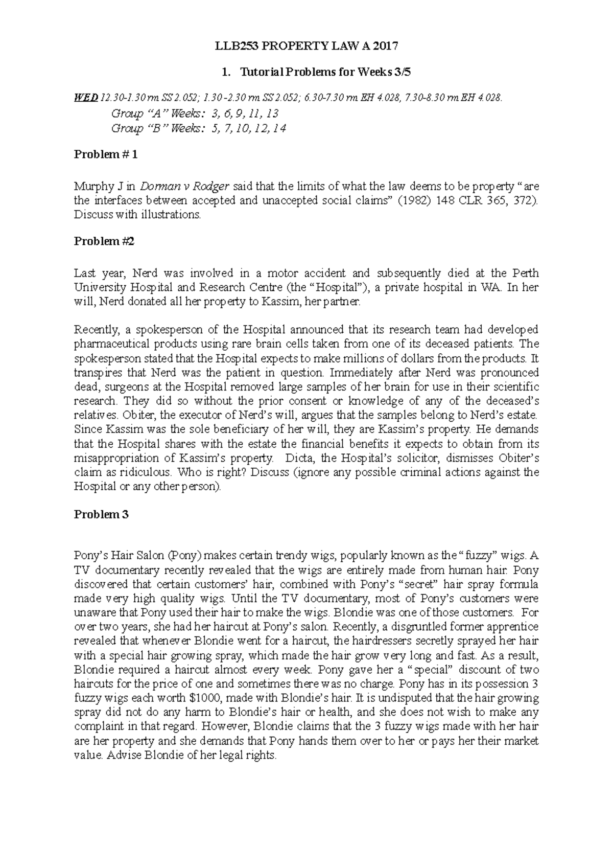 Tutorial Questions of Property Law A - LLB253 PROPERTY LAW A 2017 1 ...