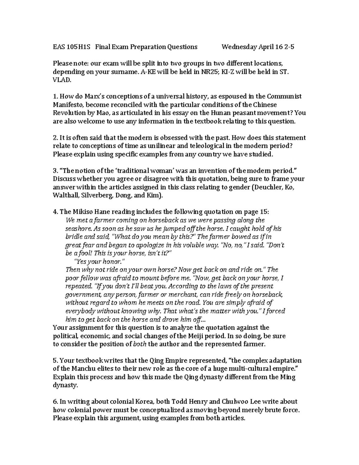 Final Exam Preparation Questions for Modern East Asian History - EAS ...