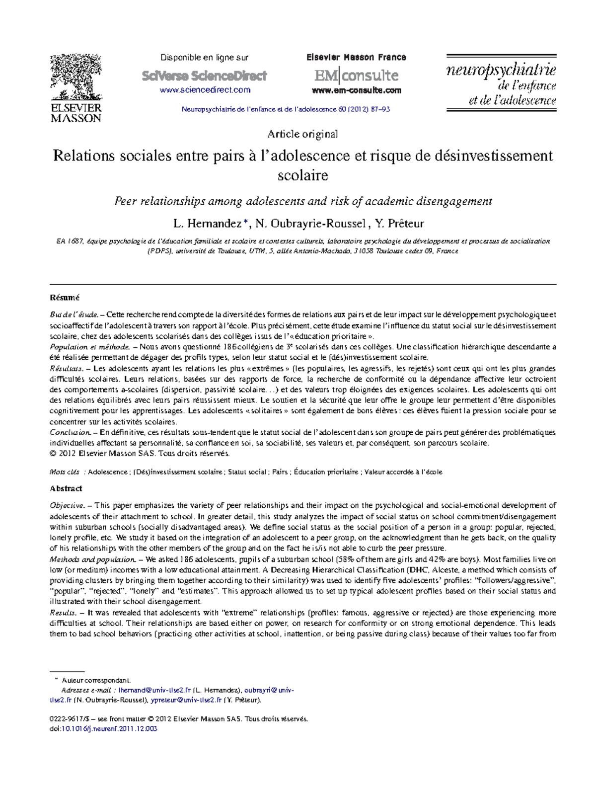 Hernandez lecture Disponible en ligne sur sciencedirect