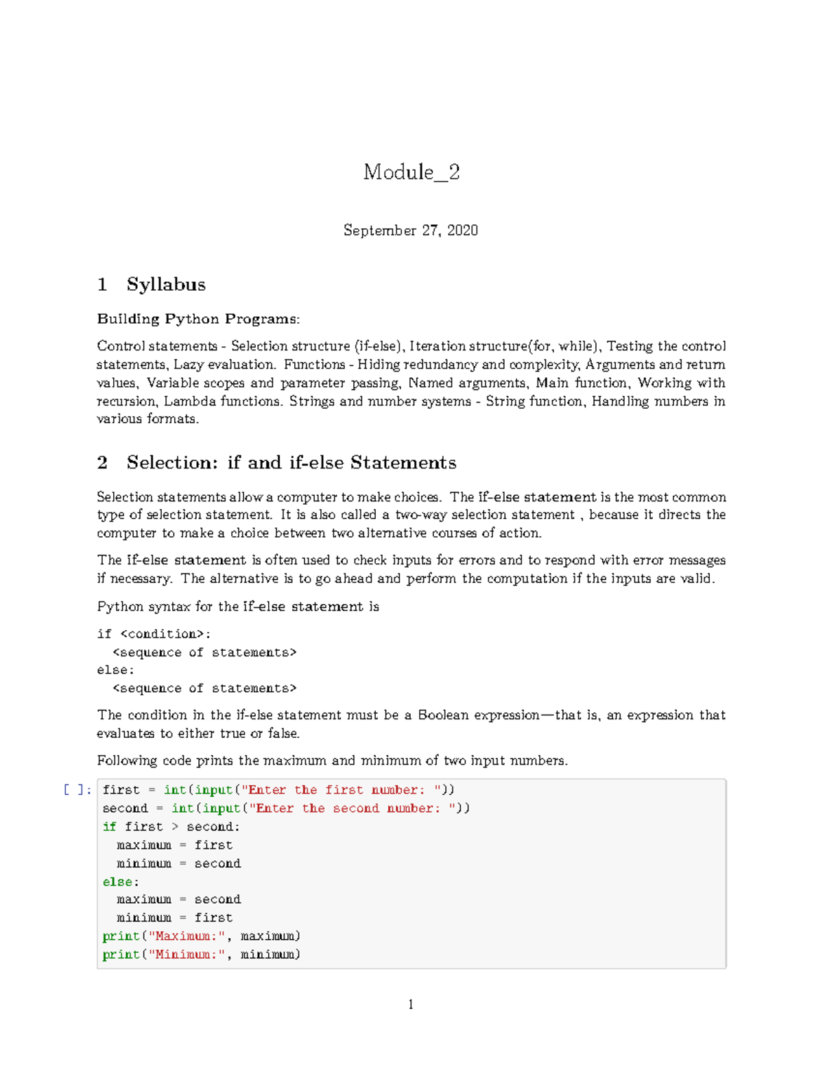 Module 2 - Control statements - Module_ September 27, 2020 1 Syllabus ...
