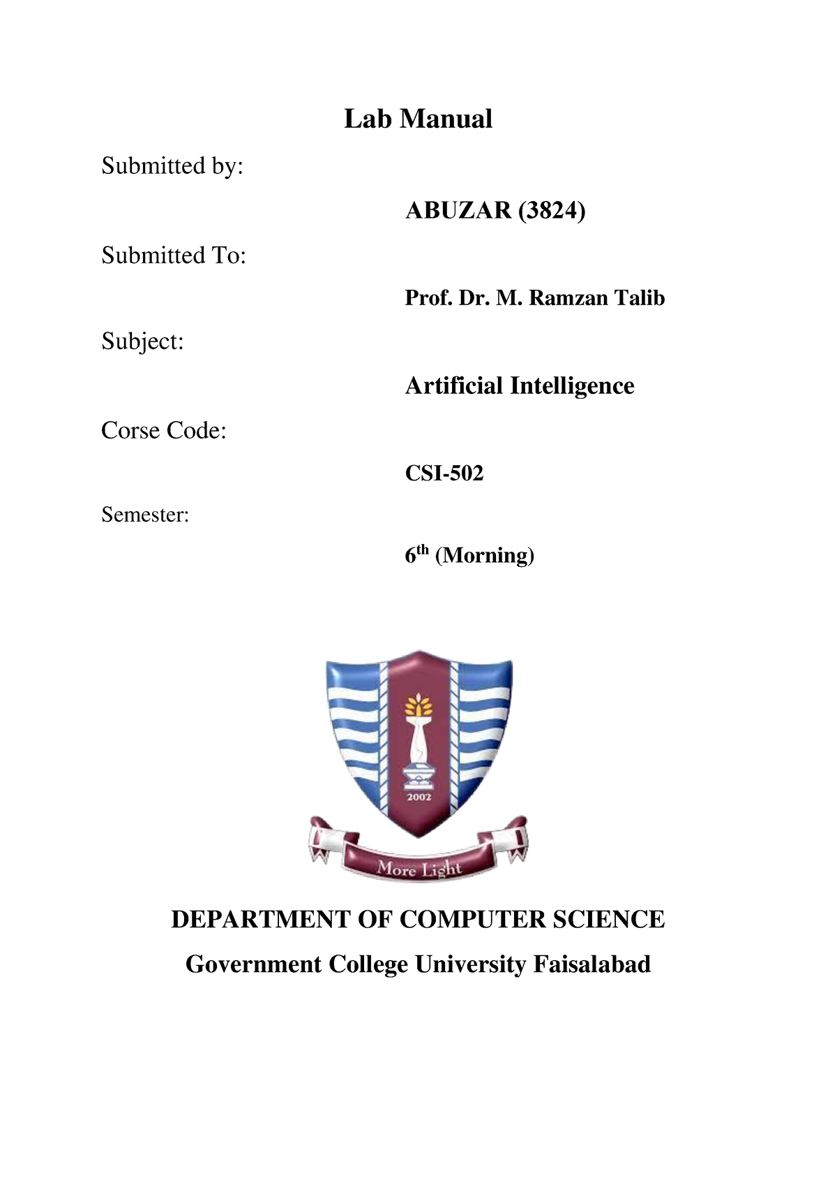 Artificial Intelligence Lab Manual - Lab Manual Submitted By: ABUZAR ...