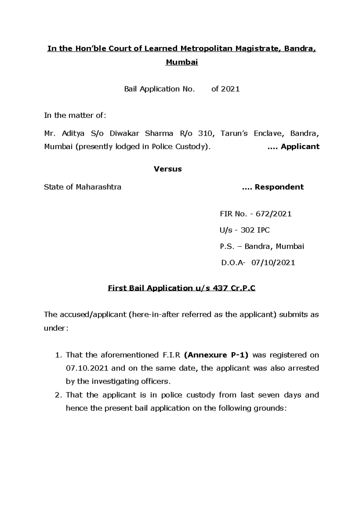 BAIL and jail. bail application - In the Hon’ble Court of Learned ...