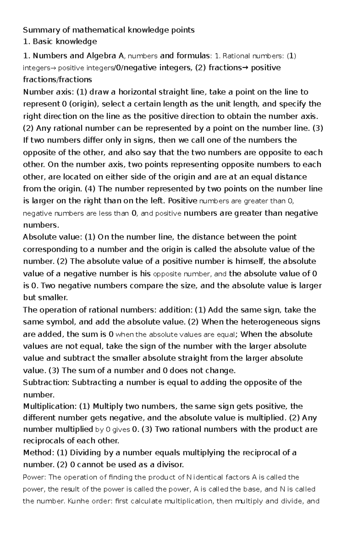 Summary of mathematical knowledge points - Basic knowledge 1. Numbers ...