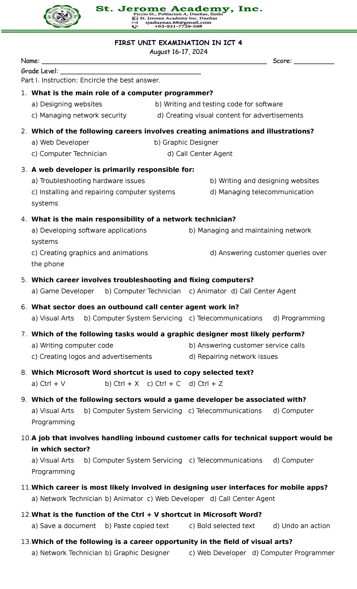 Grade-7 - FGHJ - FIRST UNIT EXAMINATION IN ICT 4 August 16-17, 2024 ...