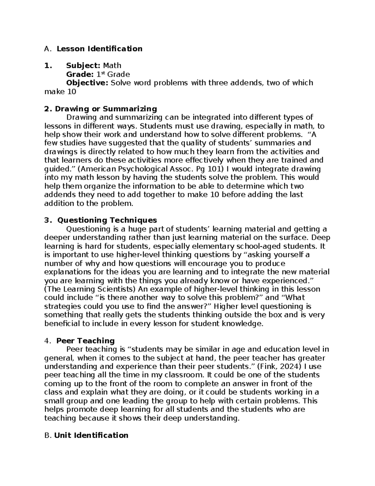 D186 task 3 - Passed - A. Lesson Identification Subject: Math Grade: 1 ...