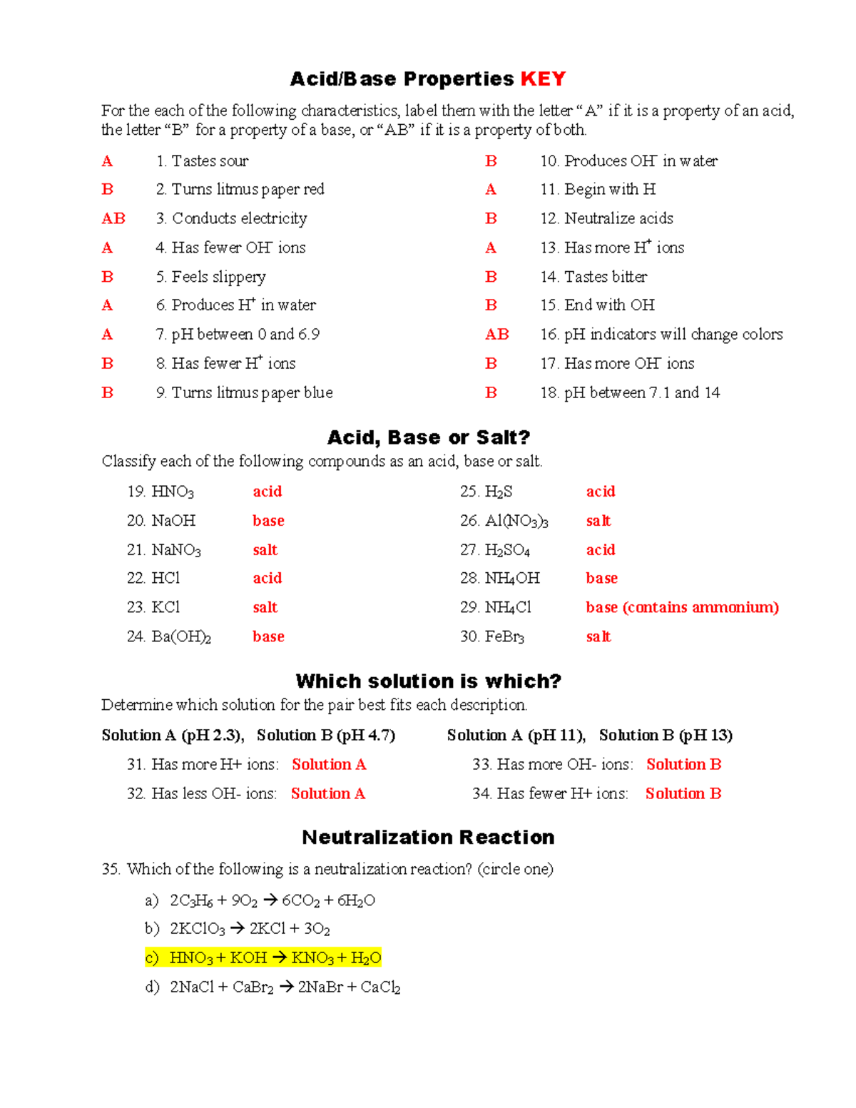 Acids Bases Properties WS key - Properties KEY For the each of the  following characteristics, label - Studocu