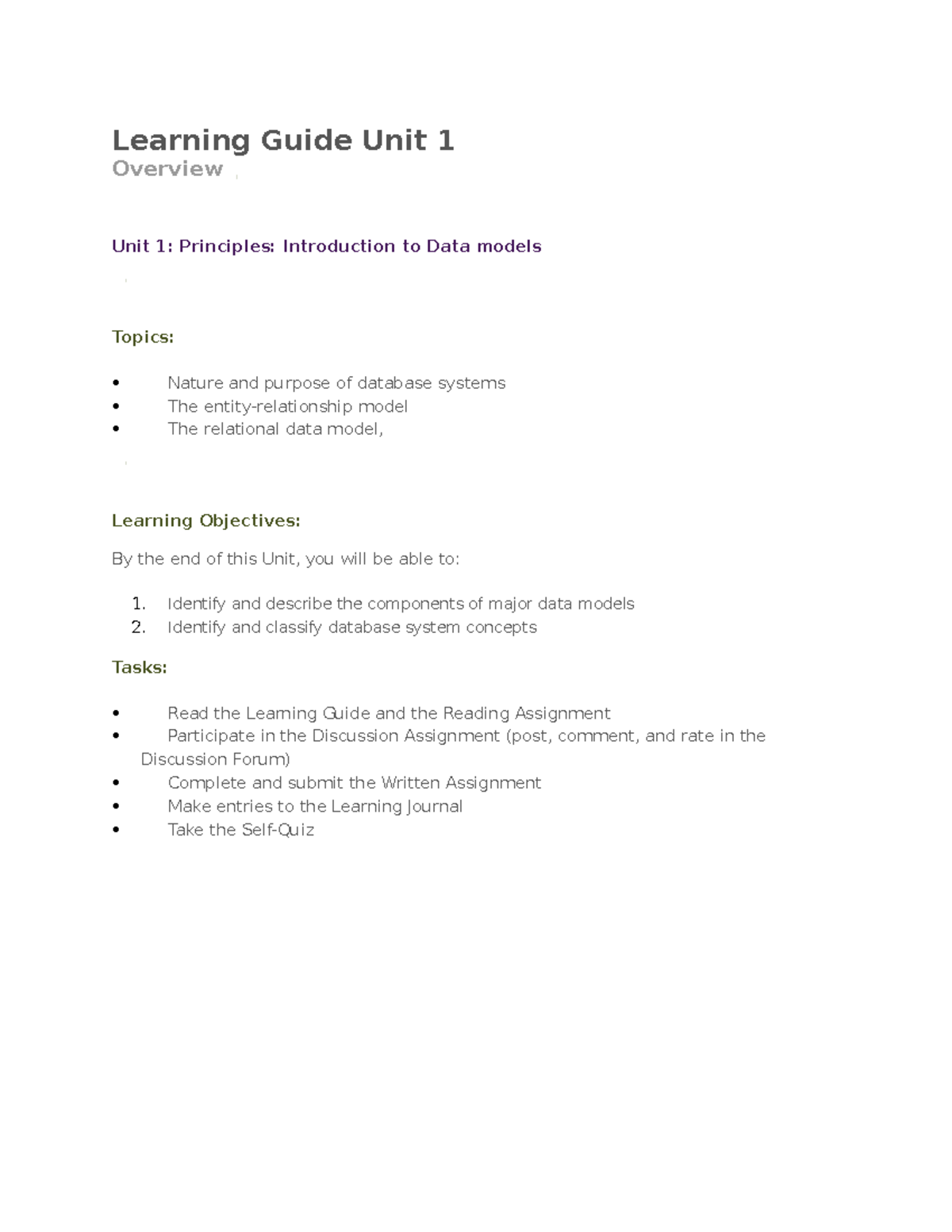 Learning Guide Unit 1 - The readings for Chapter 1 provide a general ...