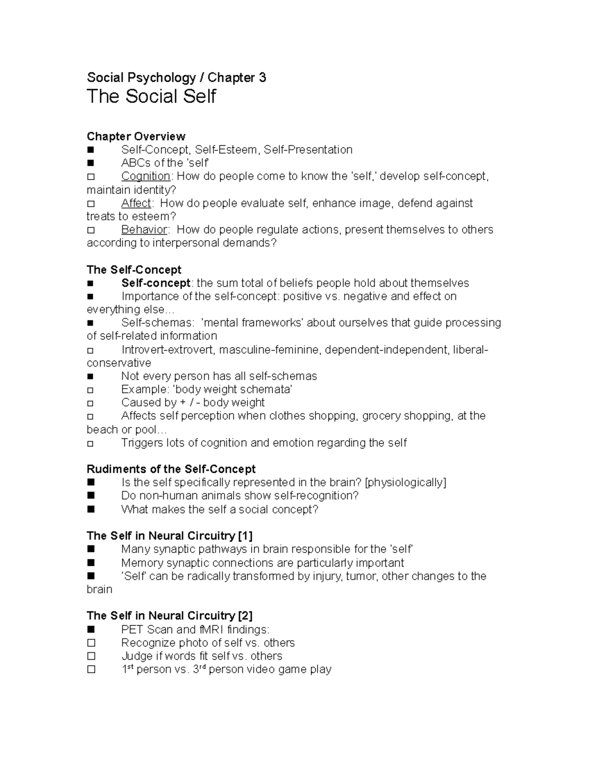 Collin College PSY 2319 Chapter 3 The Social Self Notes Social