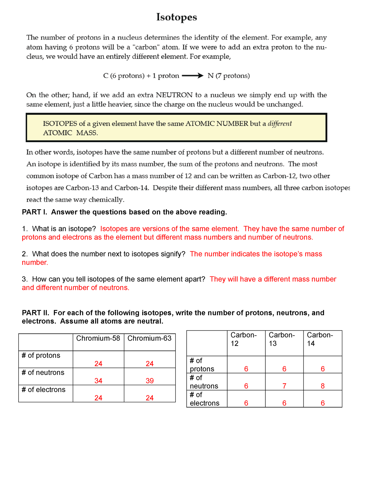 Atoms And Their Isotopes Worksheet Answer Key