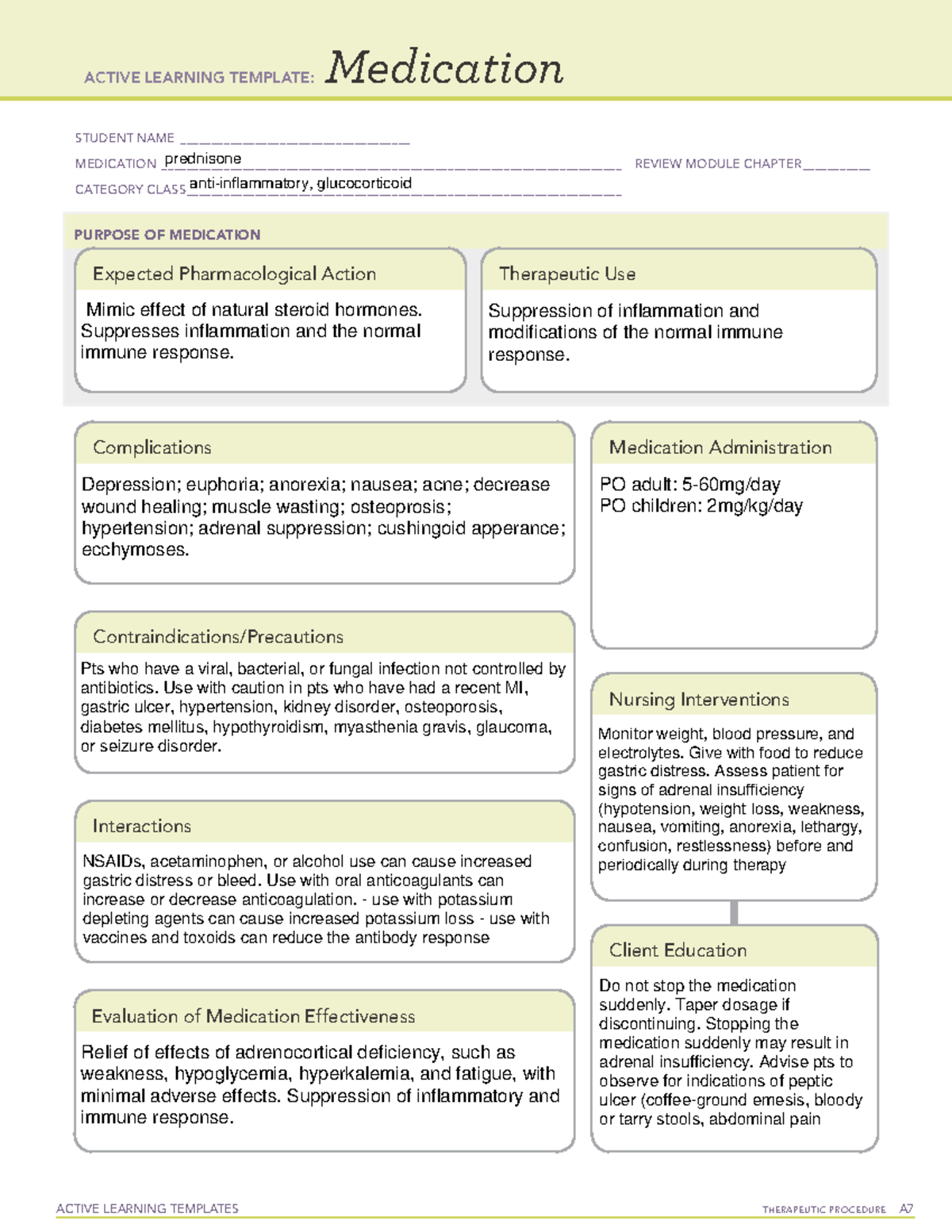 Prednisone ATI sheet ACTIVE LEARNING TEMPLATES TherapeuTic