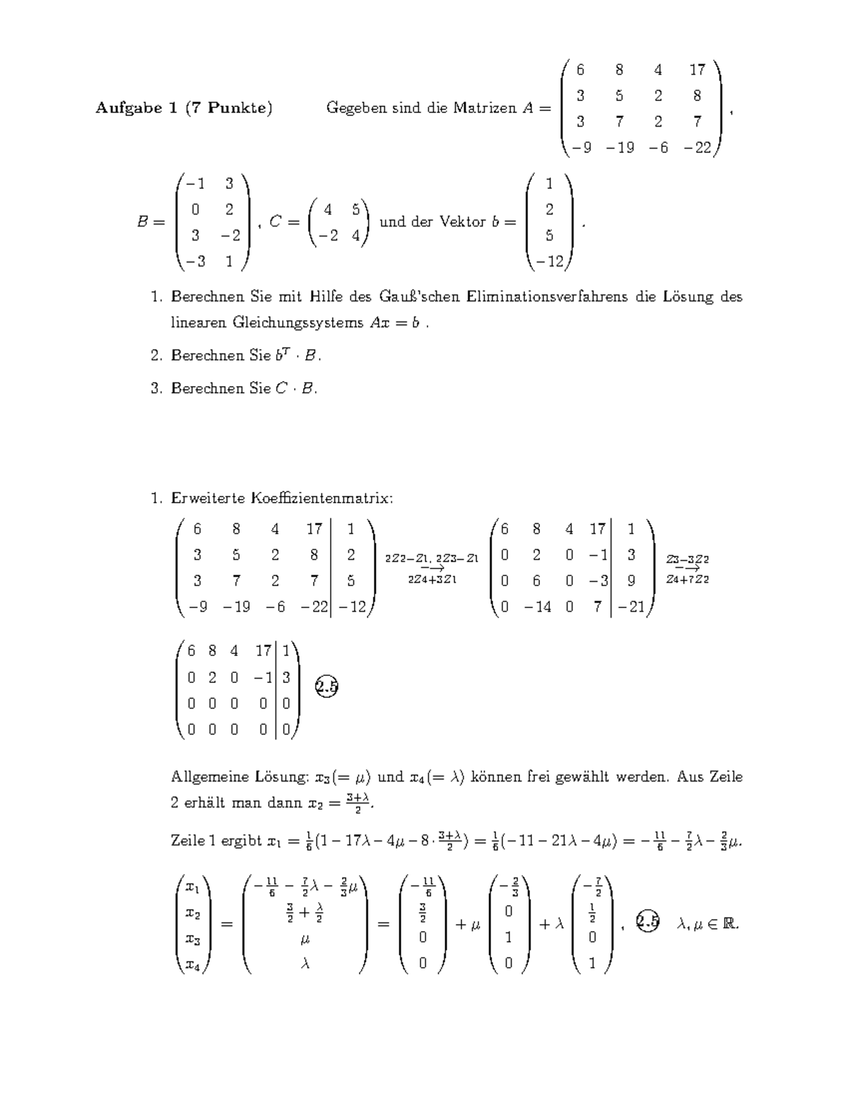 Klausur BC 1617ML - Aufgabe 1 (7 Punkte) Gegeben Sind Die Matrizen A ...