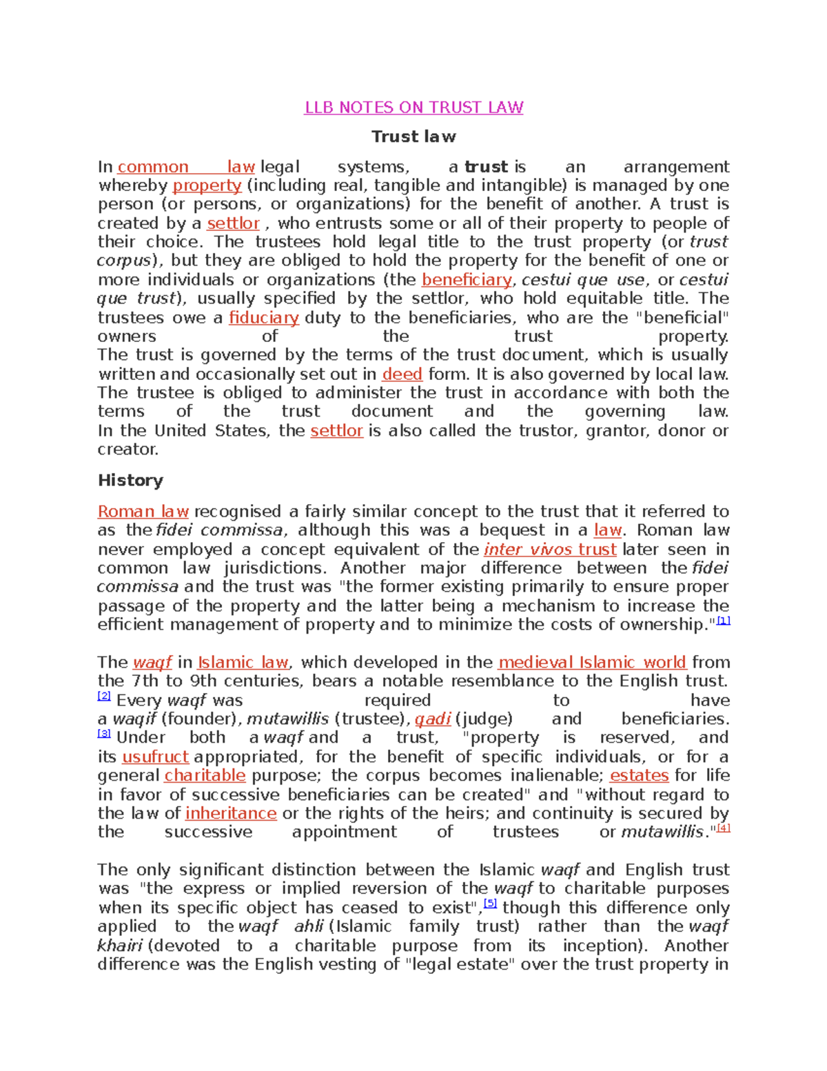 Equity and Trust Law LLB NOTES ON TRUST LAW Trust law In common law