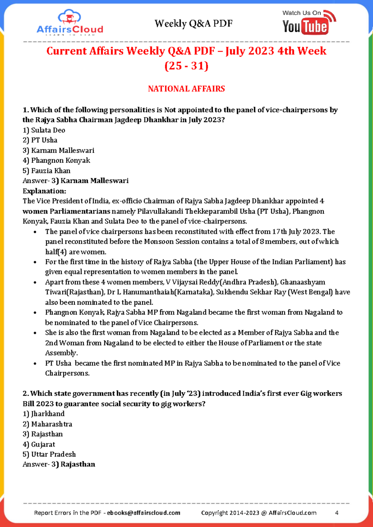 July4 removed - Updated - Current Affairs Weekly Q&A PDF – July 2023 ...