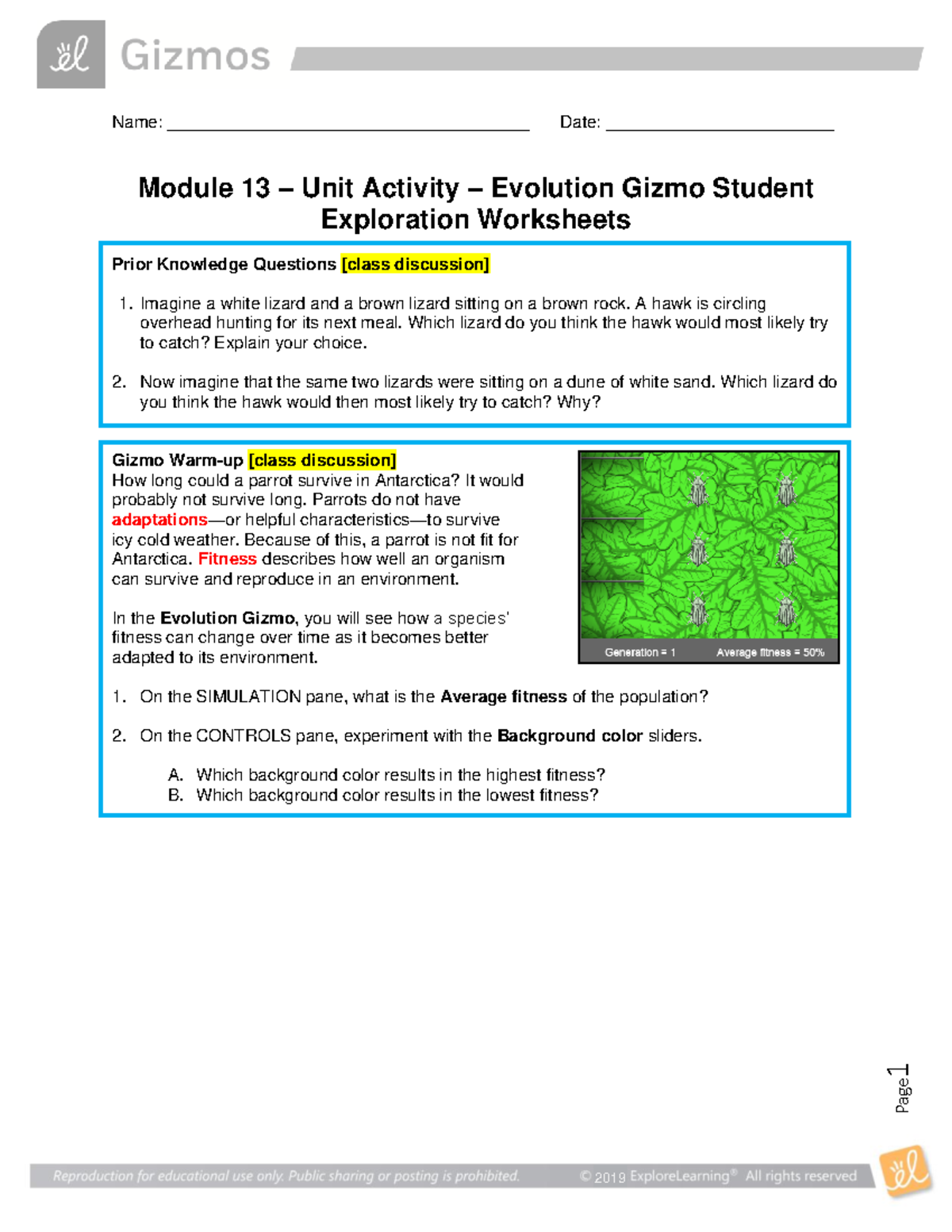 Evolution Gizmo Student Exploration Worksheets - Page 1 Name